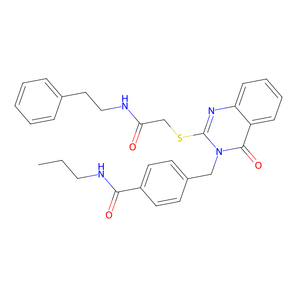 4-((4-oxo-2-((2-oxo-2-(phenethylamino)ethyl)thio)quinazolin-3(4H)-yl)methyl)-N-propylbenzamide molecular structure, CAS 1115549-02-4