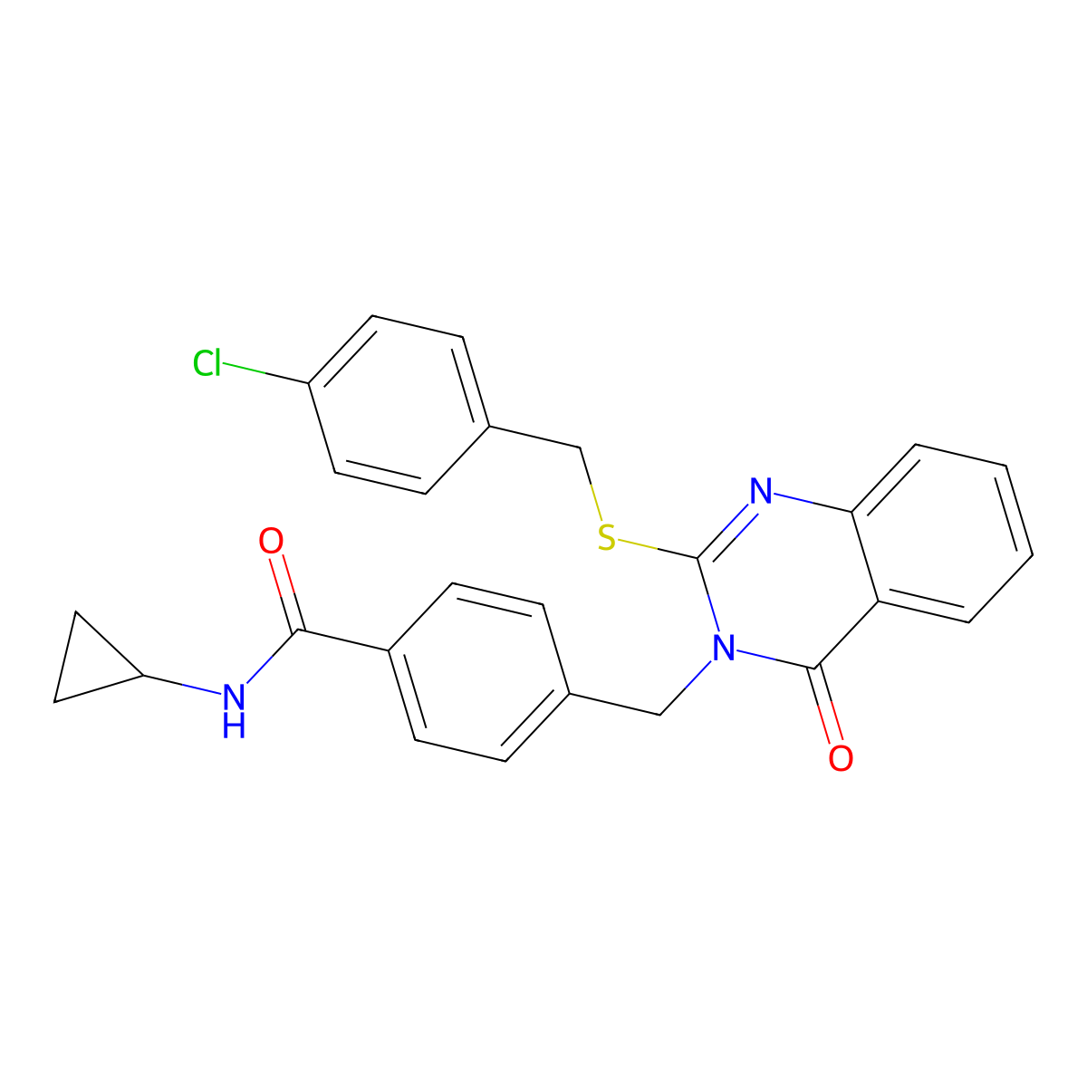 4-((2-((4-chlorobenzyl)thio)-4-oxoquinazolin-3(4H)-yl)methyl)-N-cyclopropylbenzamide molecular structure, CAS 1115549-52-4