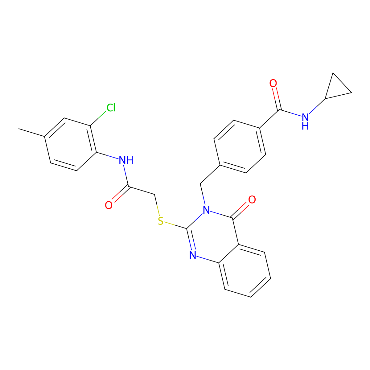 4-((2-((2-((2-chloro-4-methylphenyl)amino)-2-oxoethyl)thio)-4-oxoquinazolin-3(4H)-yl)methyl)-N-cyclopropylbenzamide molecular structure, CAS 1115549-63-7