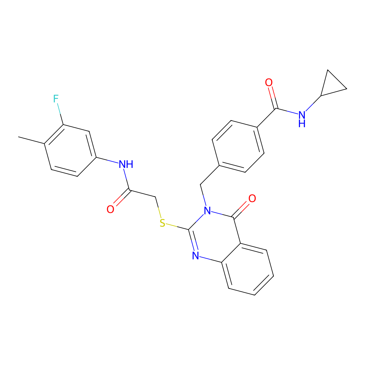 N-cyclopropyl-4-((2-((2-((3-fluoro-4-methylphenyl)amino)-2-oxoethyl)thio)-4-oxoquinazolin-3(4H)-yl)methyl)benzamide molecular structure, CAS 1115549-65-9