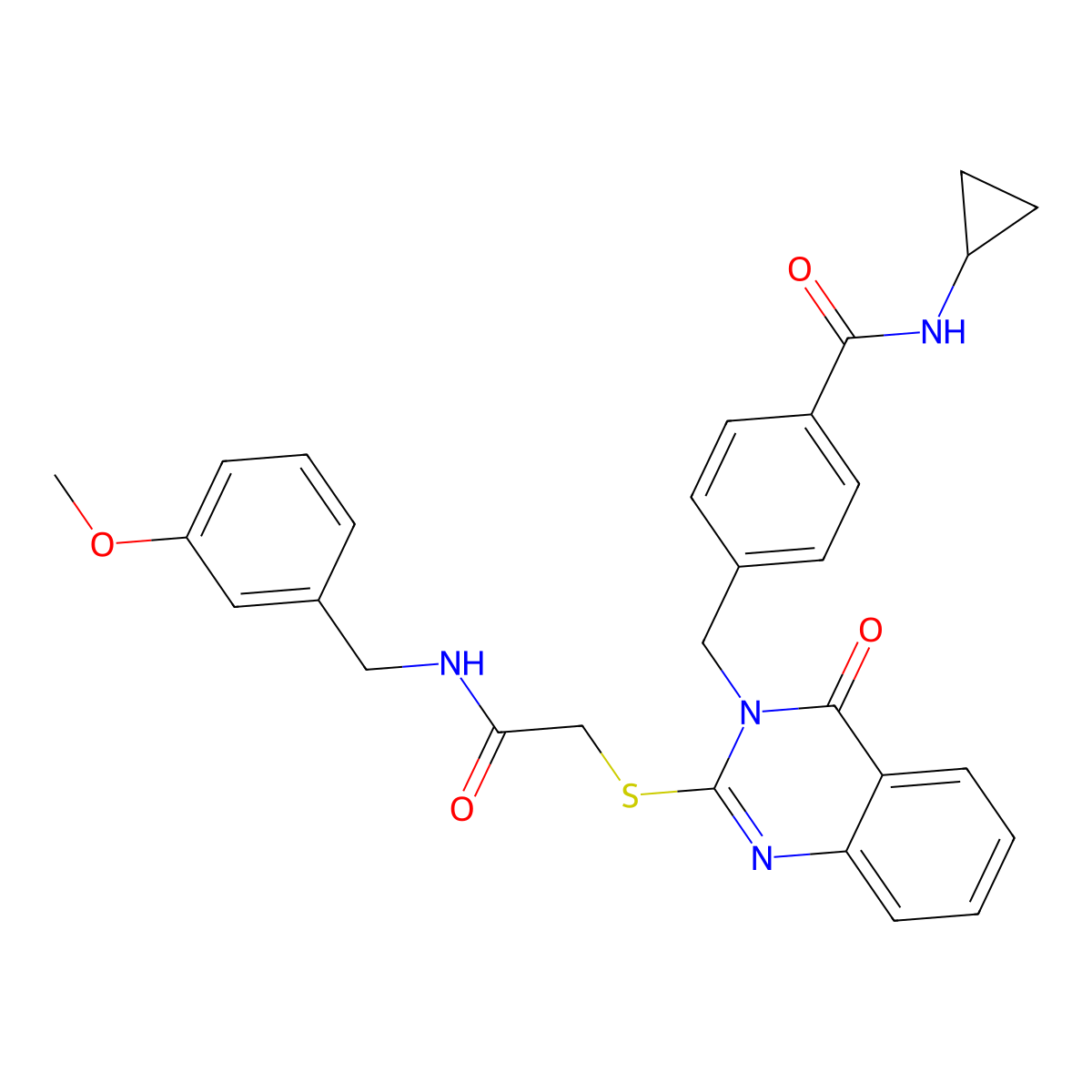 N-cyclopropyl-4-({2-[({[(3-methoxyphenyl)methyl]carbamoyl}methyl)sulfanyl]-4-oxo-3,4-dihydroquinazolin-3-yl}methyl)benzamide molecular structure, CAS 1115549-71-7