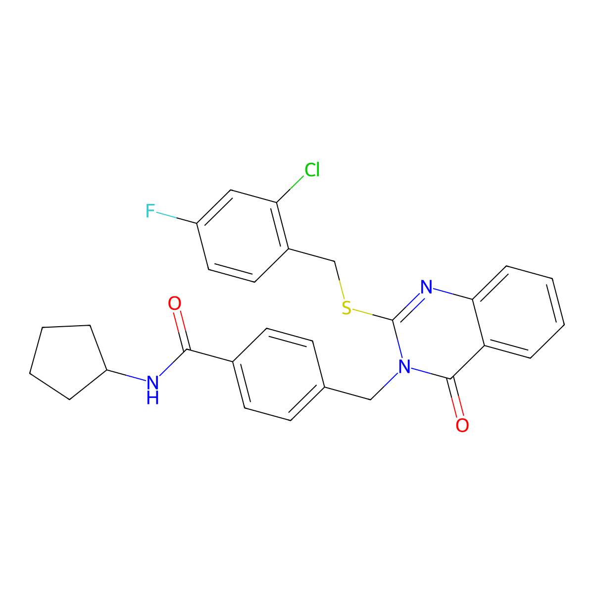 4-((2-((2-chloro-4-fluorobenzyl)thio)-4-oxoquinazolin-3(4H)-yl)methyl)-N-cyclopentylbenzamide molecular structure, CAS 1115549-81-9