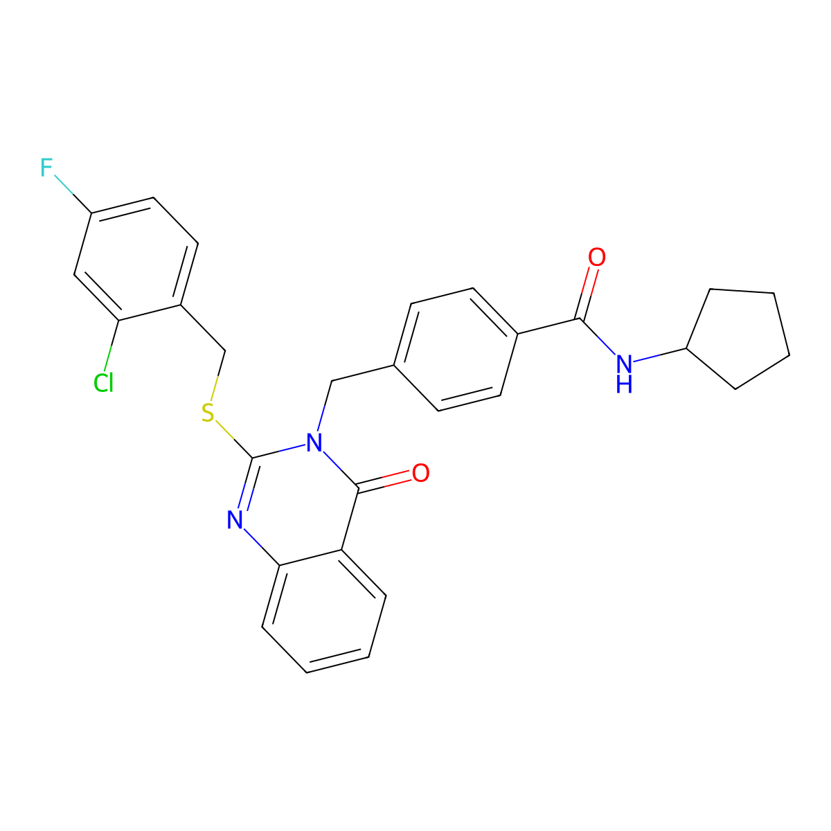 4-((2-((2-chloro-4-fluorobenzyl)thio)-4-oxoquinazolin-3(4H)-yl)methyl)-N-cyclopentylbenzamide molecular structure, CAS 1115549-81-9