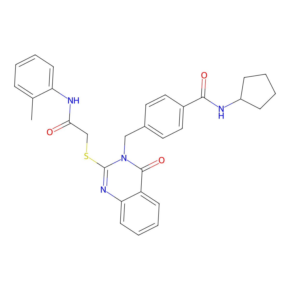 N-cyclopentyl-4-{[2-({[(2-methylphenyl)carbamoyl]methyl}sulfanyl)-4-oxo-3,4-dihydroquinazolin-3-yl]methyl}benzamide molecular structure, CAS 1115549-82-0