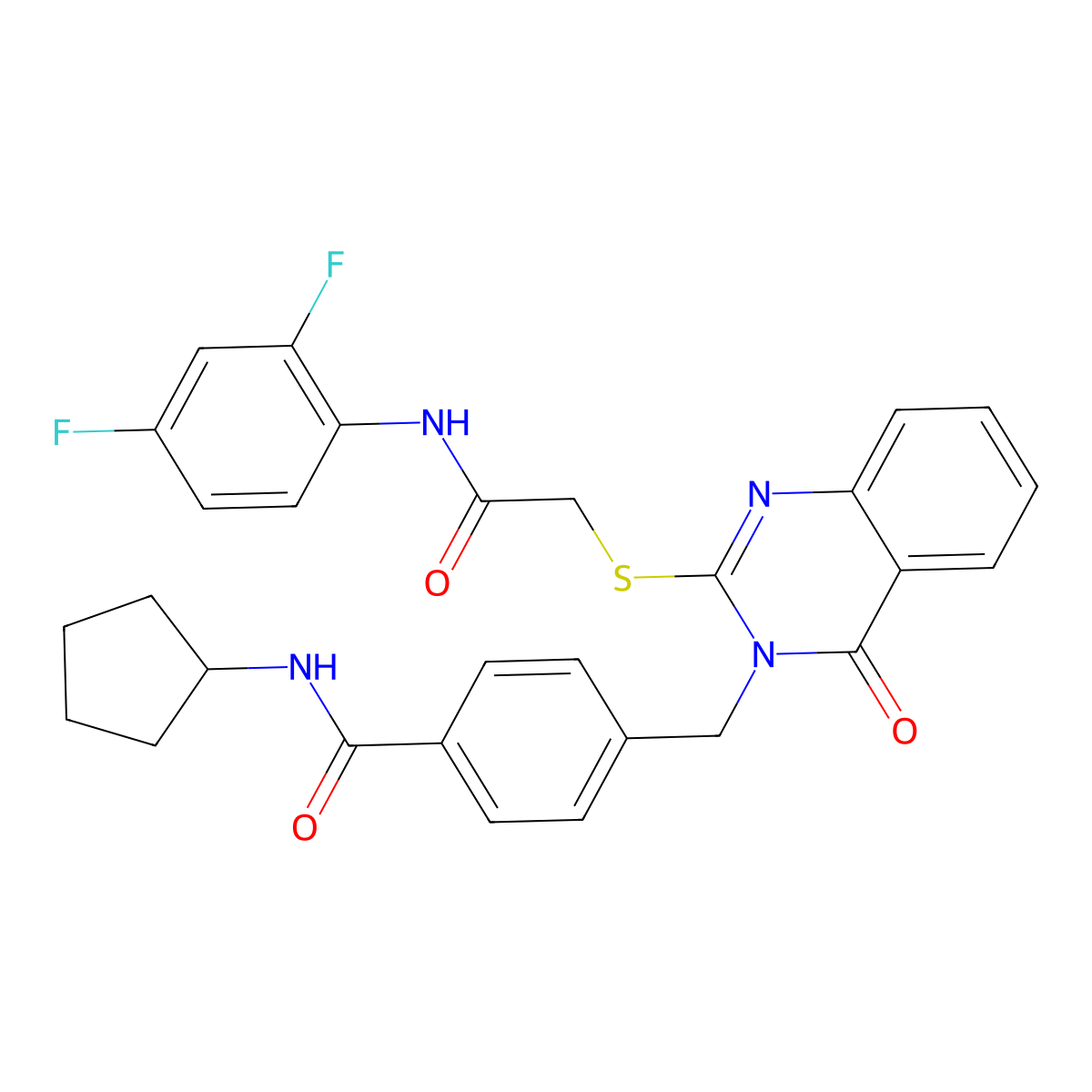N-cyclopentyl-4-((2-((2-((2,4-difluorophenyl)amino)-2-oxoethyl)thio)-4-oxoquinazolin-3(4H)-yl)methyl)benzamide molecular structure, CAS 1115549-84-2