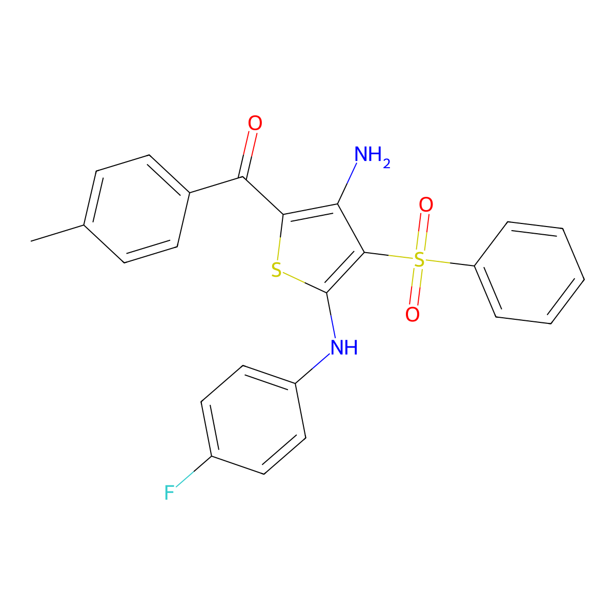(3-Amino-5-((4-fluorophenyl)amino)-4-(phenylsulfonyl)thiophen-2-yl)(p-tolyl)methanone molecular structure, CAS 1115562-32-7