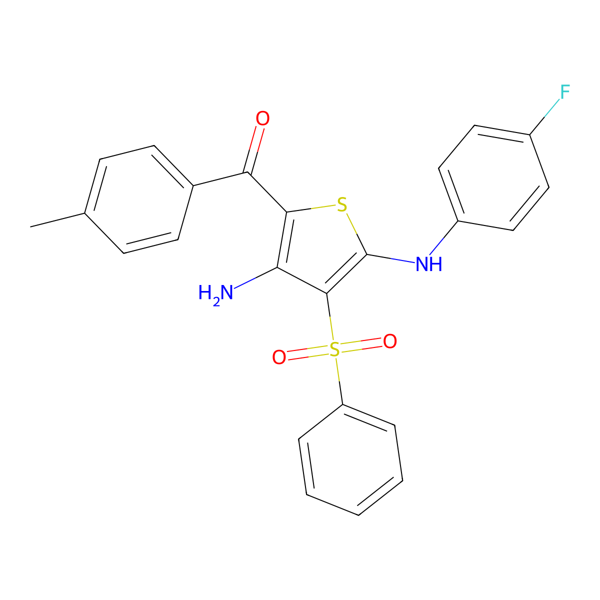 (3-Amino-5-((4-fluorophenyl)amino)-4-(phenylsulfonyl)thiophen-2-yl)(p-tolyl)methanone molecular structure, CAS 1115562-32-7