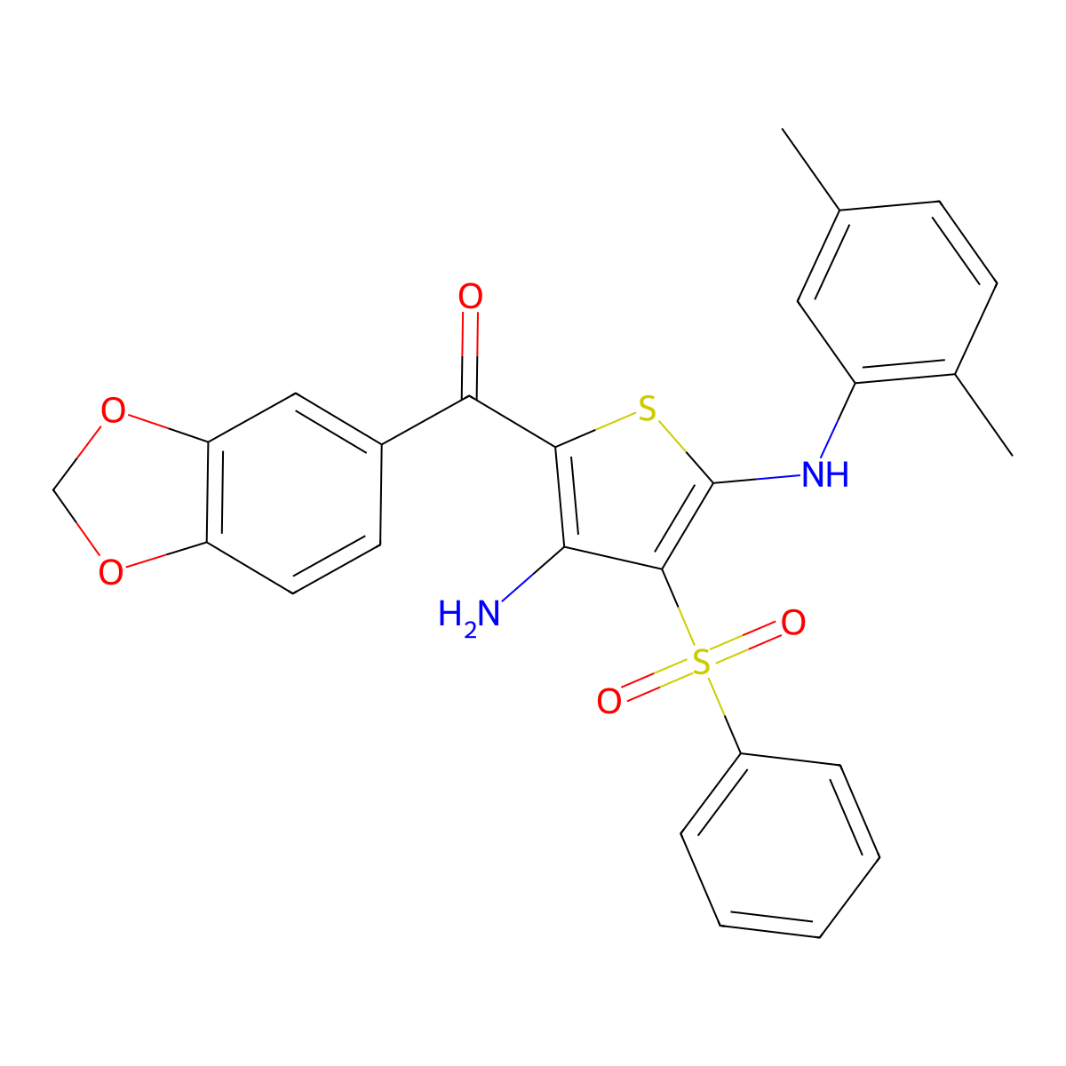 (3-Amino-5-((2,5-dimethylphenyl)amino)-4-(phenylsulfonyl)thiophen-2-yl)(benzo[d][1,3]dioxol-5-yl)methanone molecular structure, CAS 1115562-40-7