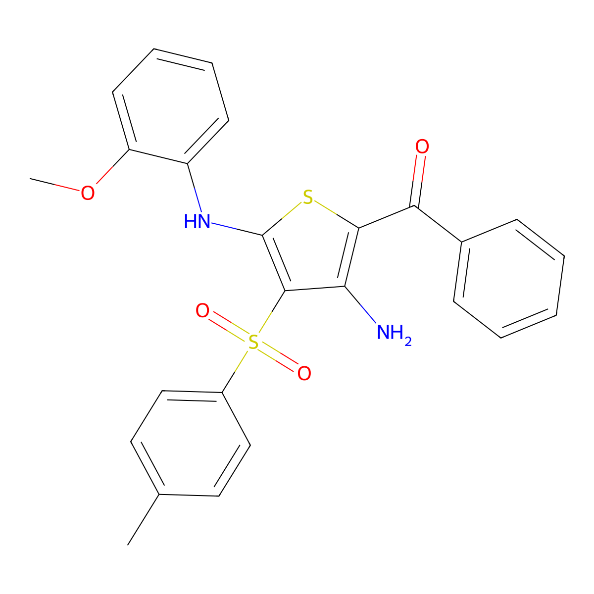(3-Amino-5-((2-methoxyphenyl)amino)-4-tosylthiophen-2-yl)(phenyl)methanone molecular structure, CAS 1115562-50-9
