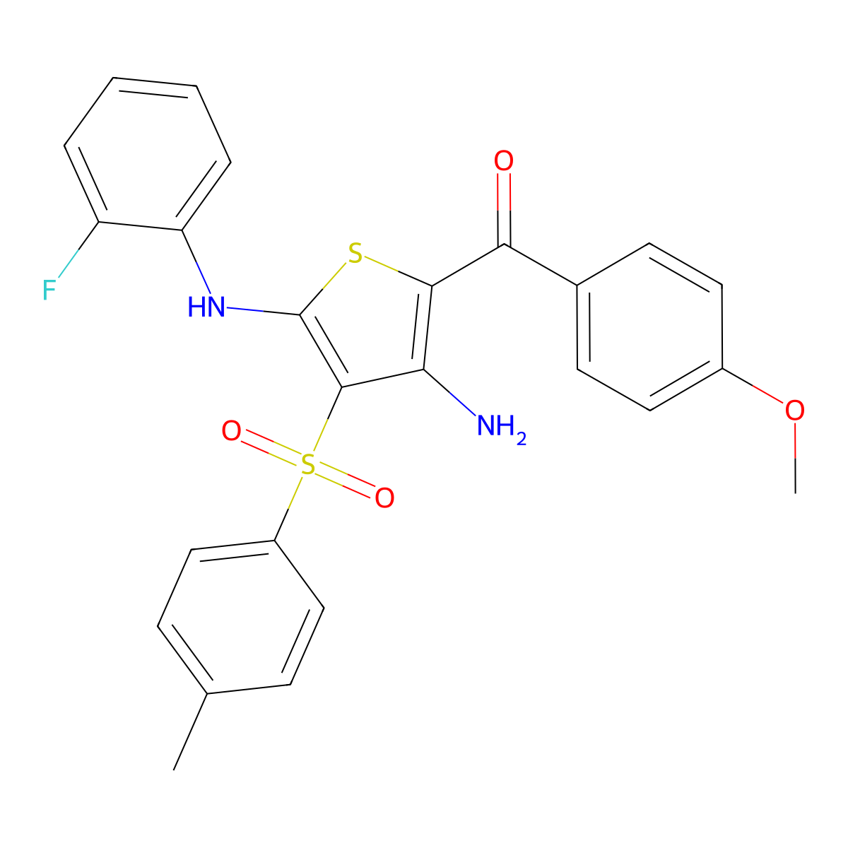 (3-Amino-5-((2-fluorophenyl)amino)-4-tosylthiophen-2-yl)(4-methoxyphenyl)methanone molecular structure, CAS 1115562-61-2