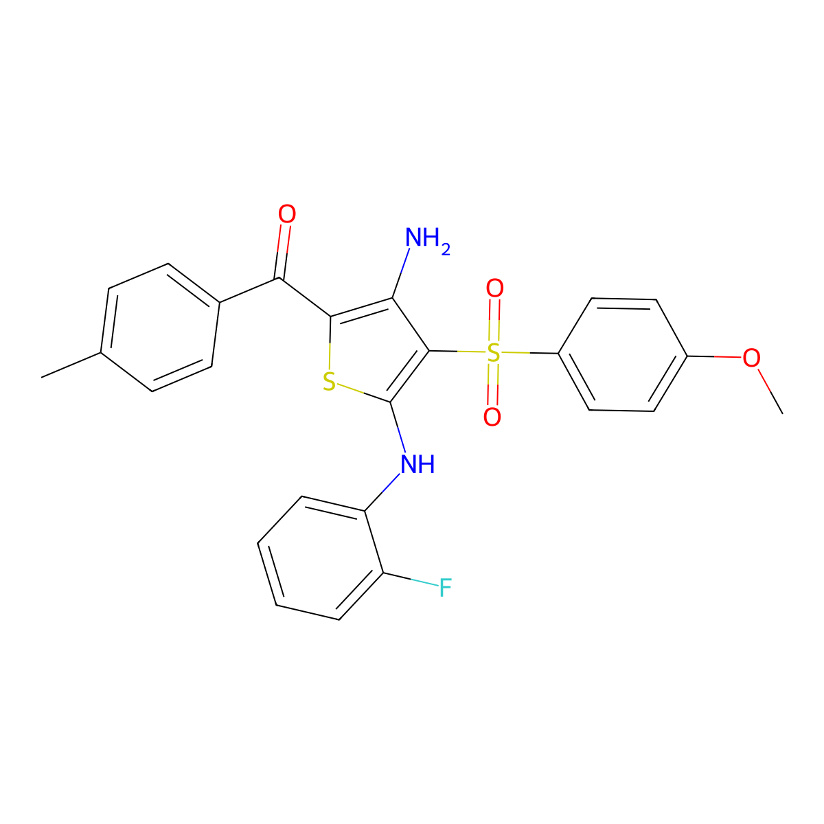 (3-Amino-5-((2-fluorophenyl)amino)-4-((4-methoxyphenyl)sulfonyl)thiophen-2-yl)(p-tolyl)methanone molecular structure, CAS 1115562-96-3