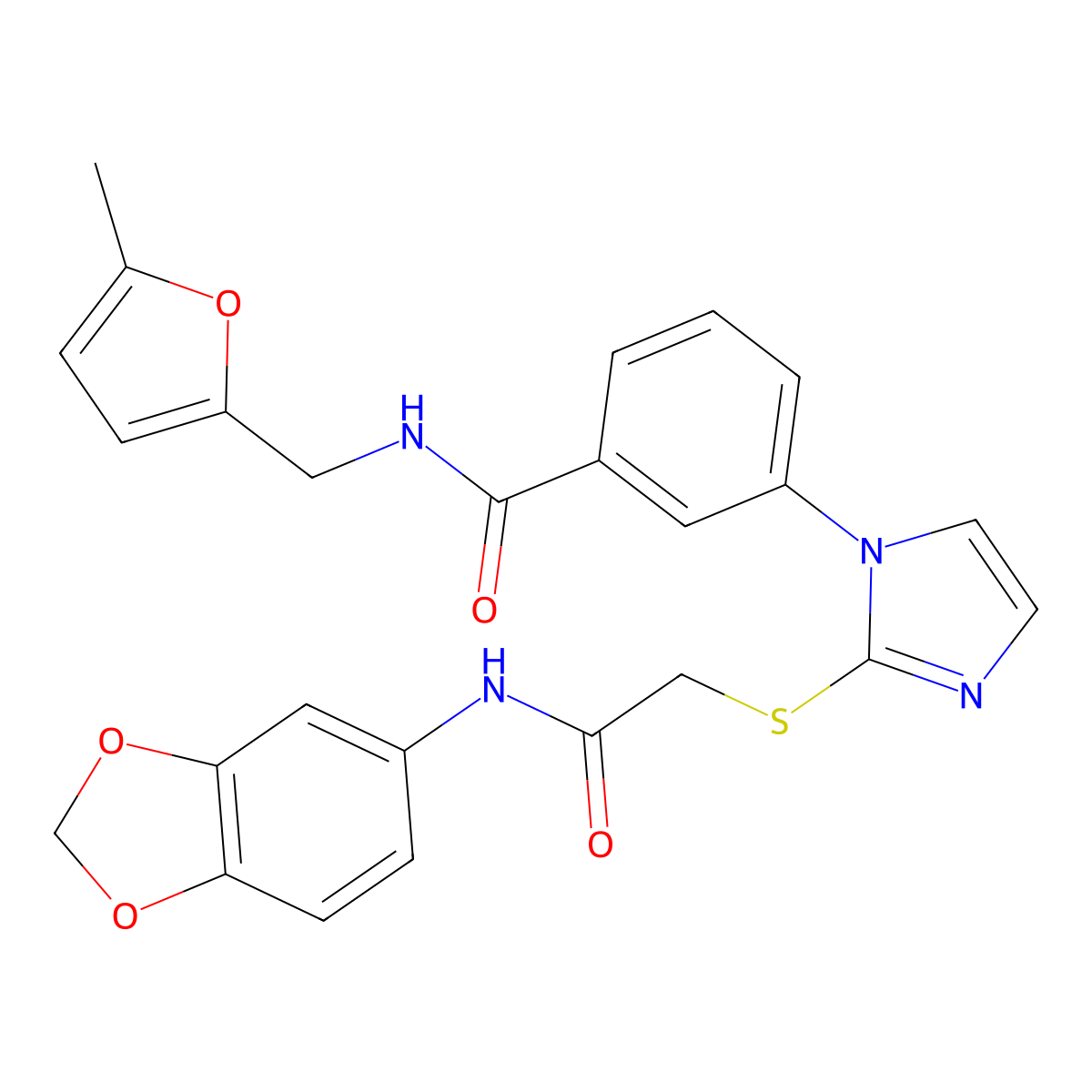3-[2-({[(2H-1,3-benzodioxol-5-yl)carbamoyl]methyl}sulfanyl)-1H-imidazol-1-yl]-N-[(5-methylfuran-2-yl)methyl]benzamide molecular structure, CAS 1115564-74-3