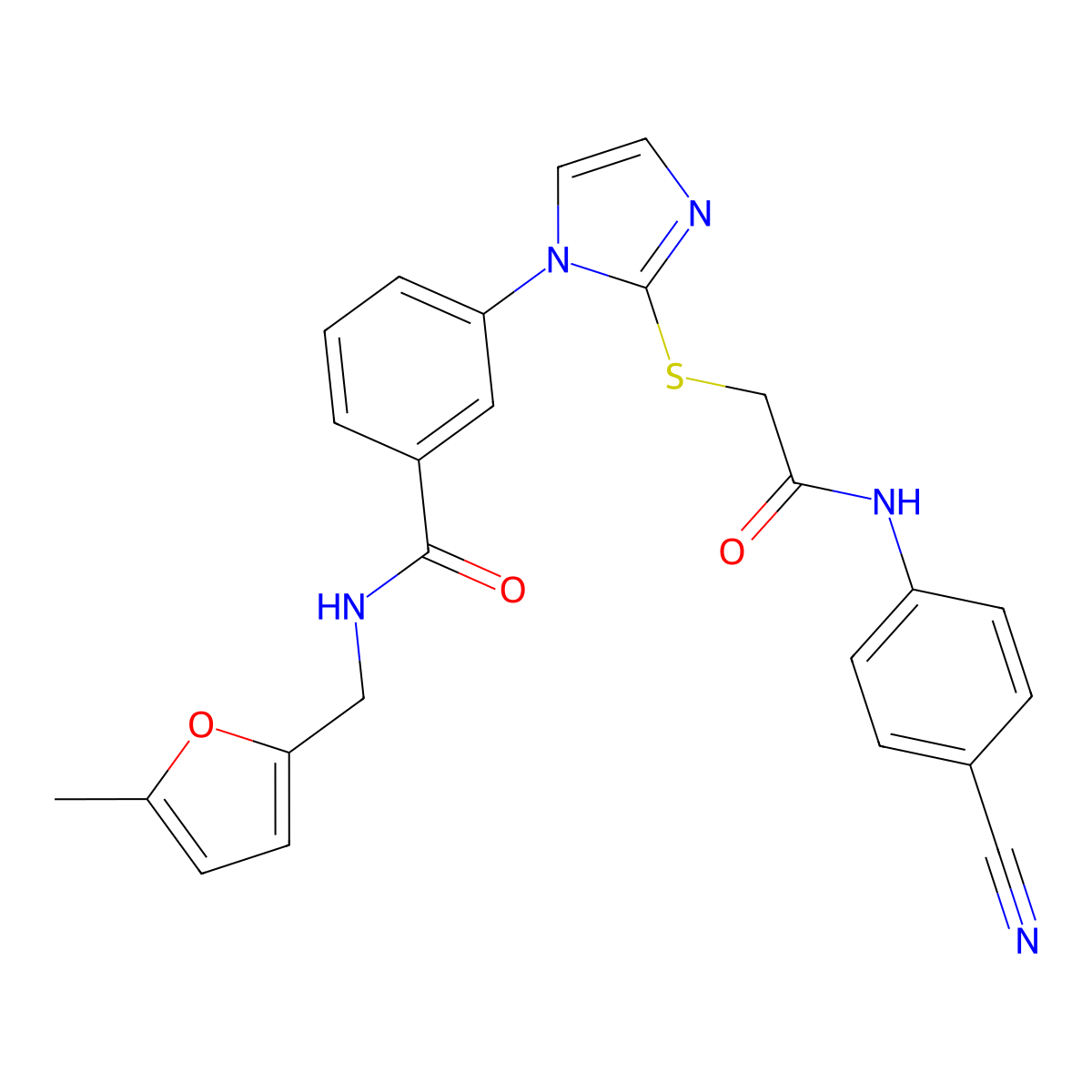 3-(2-((2-((4-cyanophenyl)amino)-2-oxoethyl)thio)-1H-imidazol-1-yl)-N-((5-methylfuran-2-yl)methyl)benzamide molecular structure, CAS 1115564-76-5