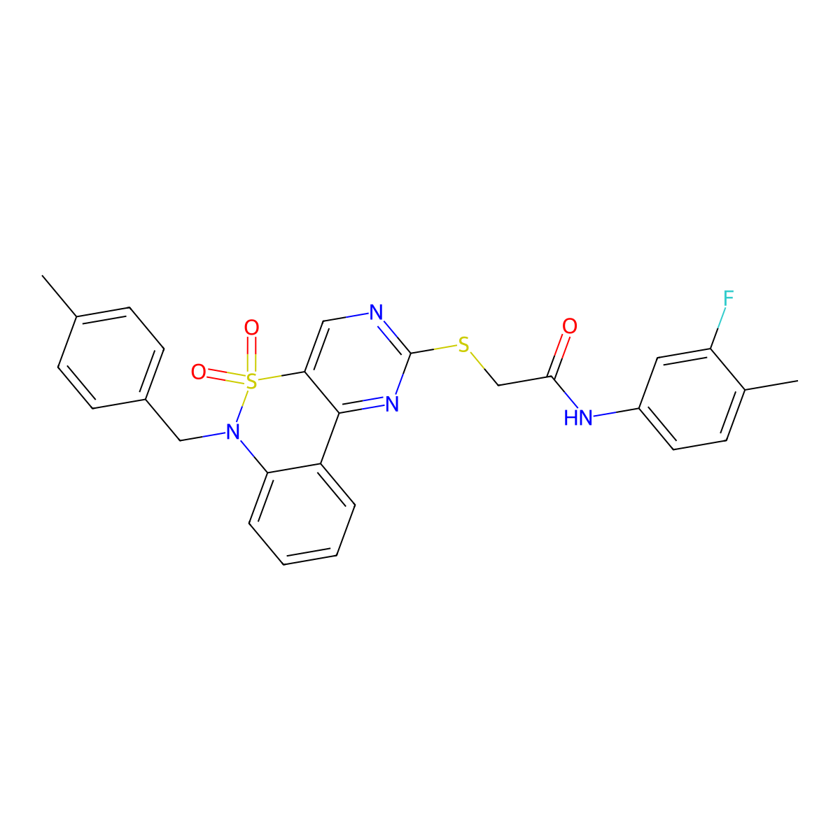 N-(3-fluoro-4-methylphenyl)-2-({9-[(4-methylphenyl)methyl]-8,8-dioxo-8lambda6-thia-3,5,9-triazatricyclo[8.4.0.0^{2,7}]tetradeca-1(14),2(7),3,5,10,12-hexaen-4-yl}sulfanyl)acetamide molecular structure, CAS 1115570-33-6