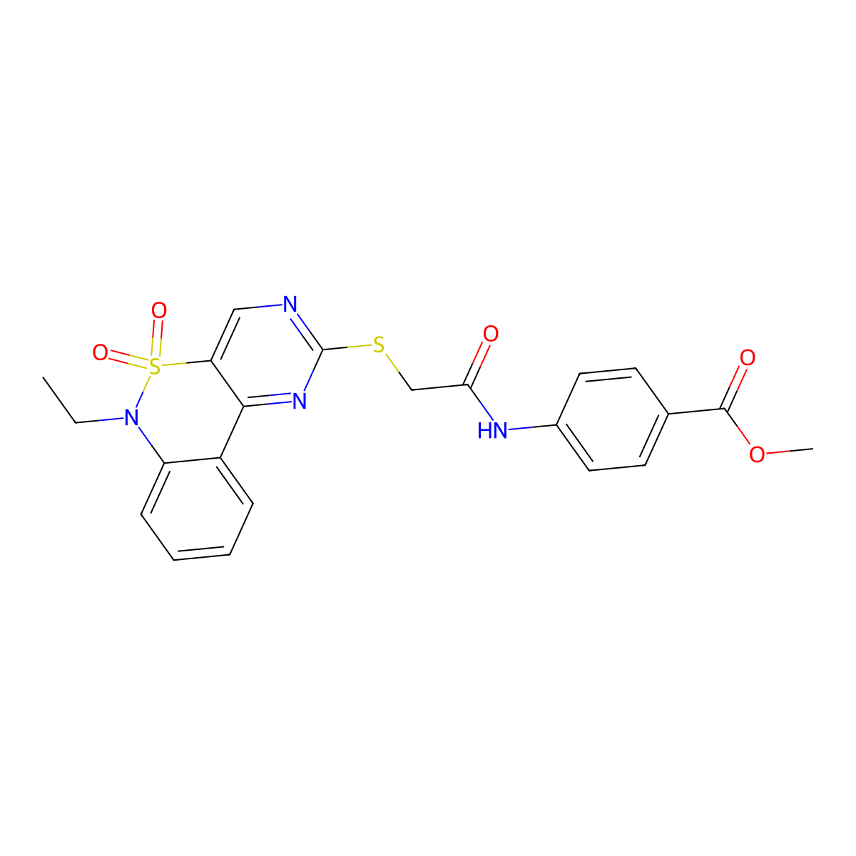 Methyl 4-[2-({9-ethyl-8,8-dioxo-8lambda6-thia-3,5,9-triazatricyclo[8.4.0.0^{2,7}]tetradeca-1(14),2(7),3,5,10,12-hexaen-4-yl}sulfanyl)acetamido]benzoate molecular structure, CAS 1115570-43-8