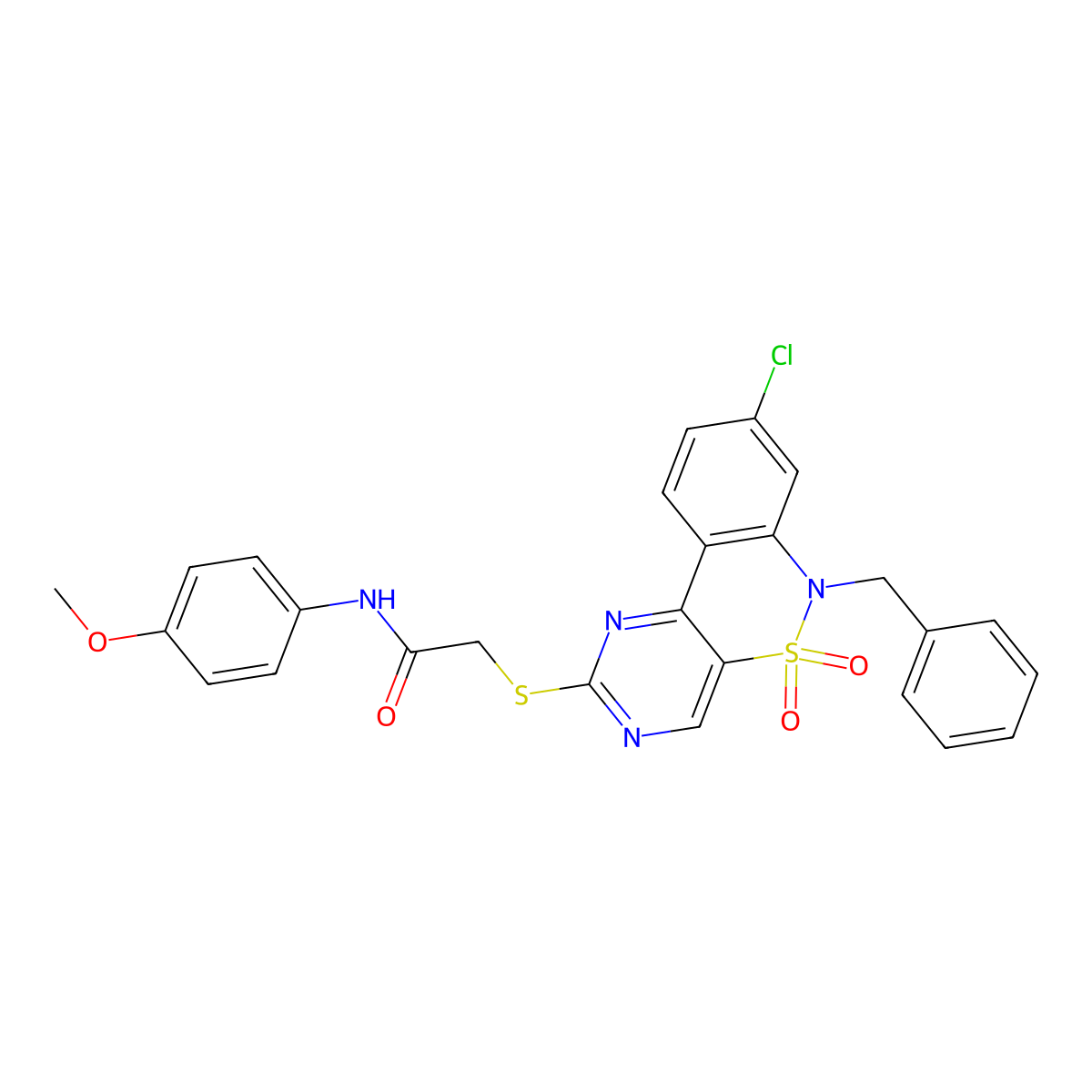 2-({9-benzyl-12-chloro-8,8-dioxo-8lambda6-thia-3,5,9-triazatricyclo[8.4.0.0^{2,7}]tetradeca-1(14),2(7),3,5,10,12-hexaen-4-yl}sulfanyl)-N-(4-methoxyphenyl)acetamide molecular structure, CAS 1115570-58-5