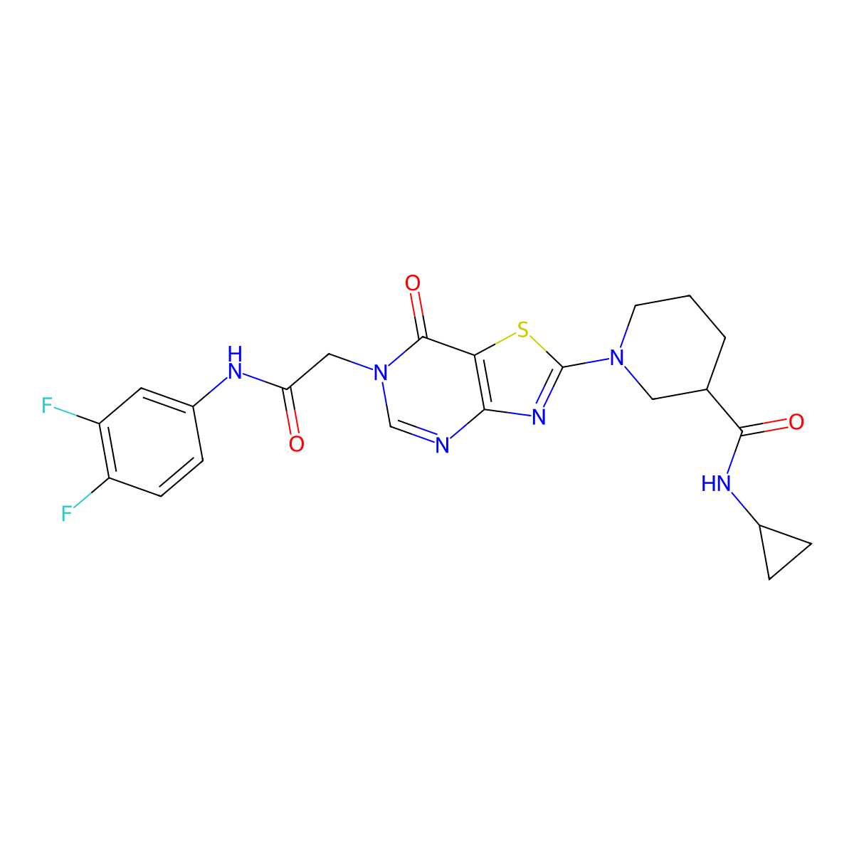 N-cyclopropyl-1-(6-{[(3,4-difluorophenyl)carbamoyl]methyl}-7-oxo-6H,7H-[1,3]thiazolo[4,5-d]pyrimidin-2-yl)piperidine-3-carboxamide molecular structure, CAS 1115868-69-3