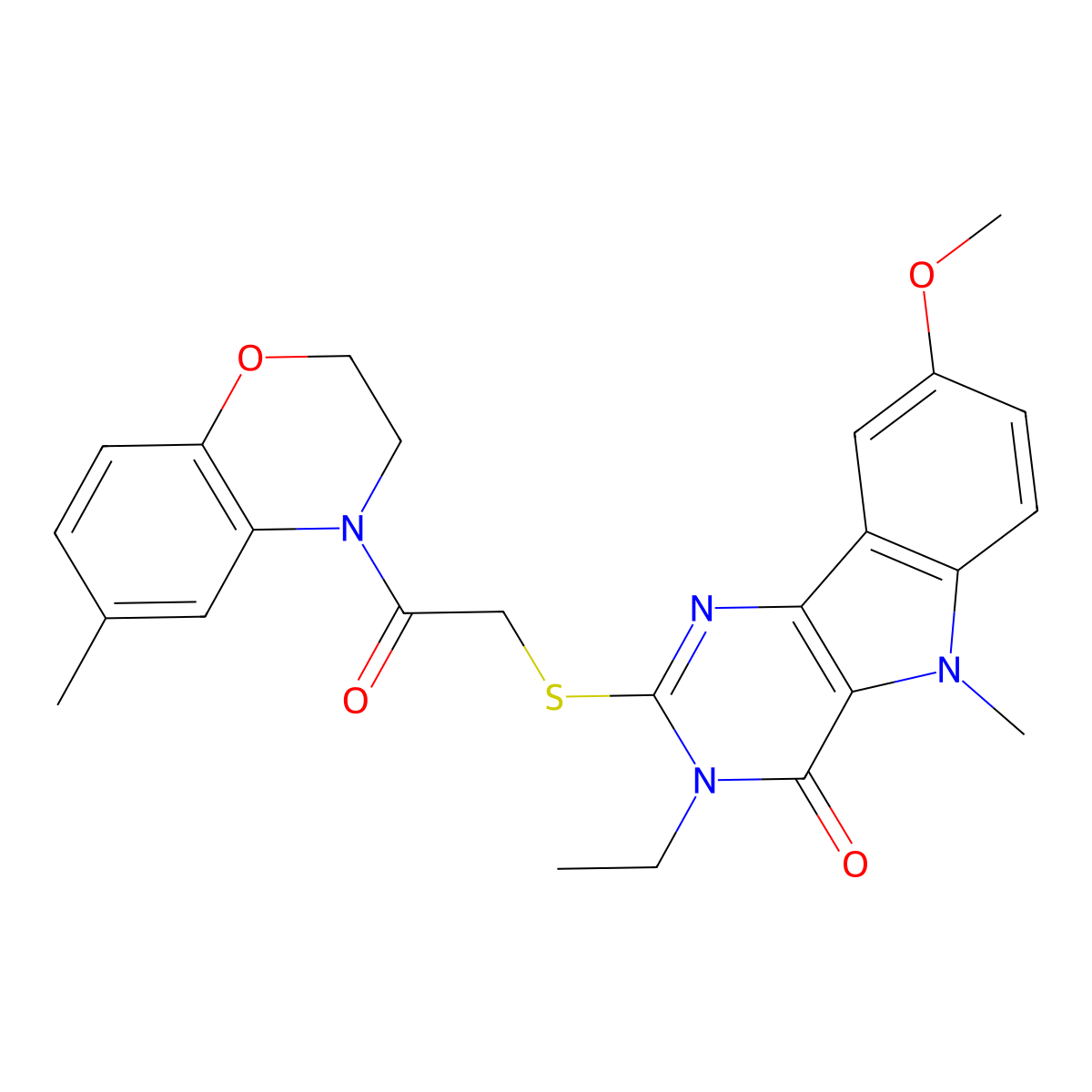 3-ethyl-8-methoxy-5-methyl-2-{[2-(6-methyl-3,4-dihydro-2H-1,4-benzoxazin-4-yl)-2-oxoethyl]sulfanyl}-3H,4H,5H-pyrimido[5,4-b]indol-4-one molecular structure, CAS 1115872-52-0