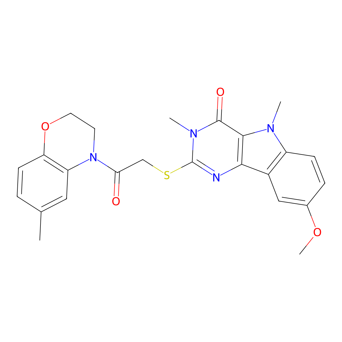 8-methoxy-3,5-dimethyl-2-((2-(6-methyl-2H-benzo[b][1,4]oxazin-4(3H)-yl)-2-oxoethyl)thio)-3H-pyrimido[5,4-b]indol-4(5H)-one molecular structure, CAS 1115872-55-3