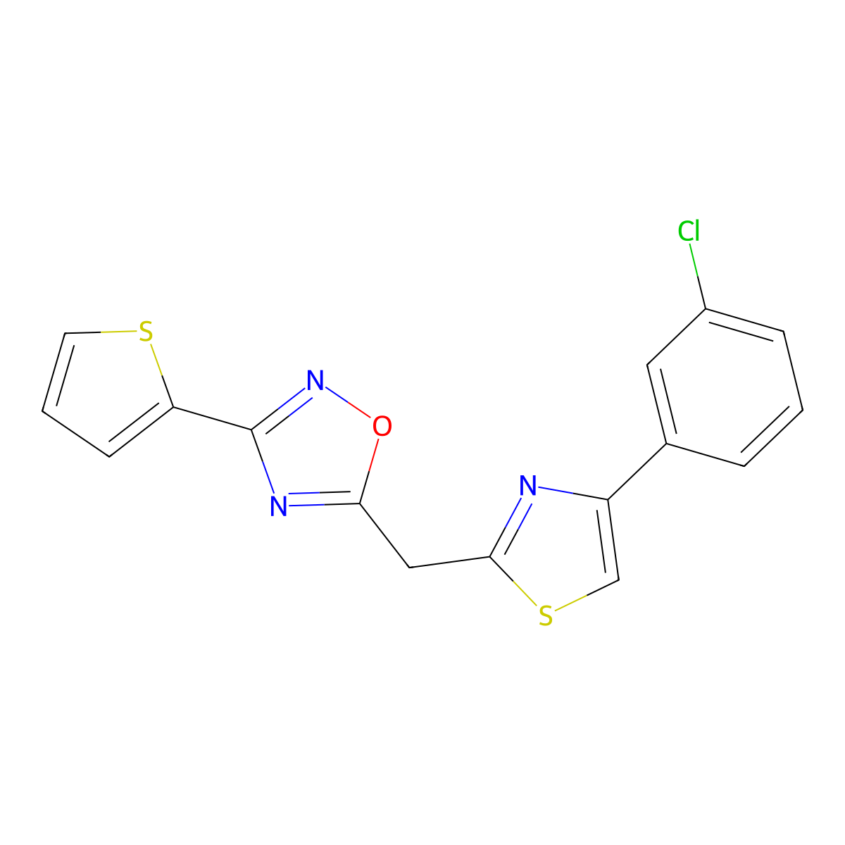5-((4-(3-Chlorophenyl)thiazol-2-yl)methyl)-3-(thiophen-2-yl)-1,2,4-oxadiazole molecular structure, CAS 1115873-56-7