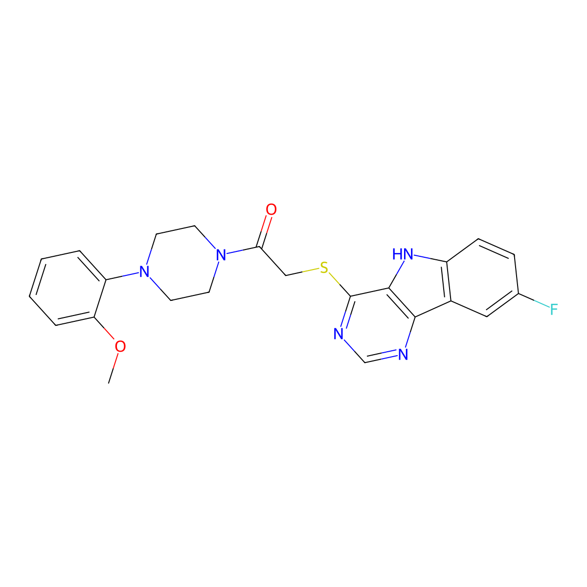 2-((8-fluoro-5H-pyrimido[5,4-b]indol-4-yl)thio)-1-(4-(2-methoxyphenyl)piperazin-1-yl)ethanone molecular structure, CAS 1115880-42-6