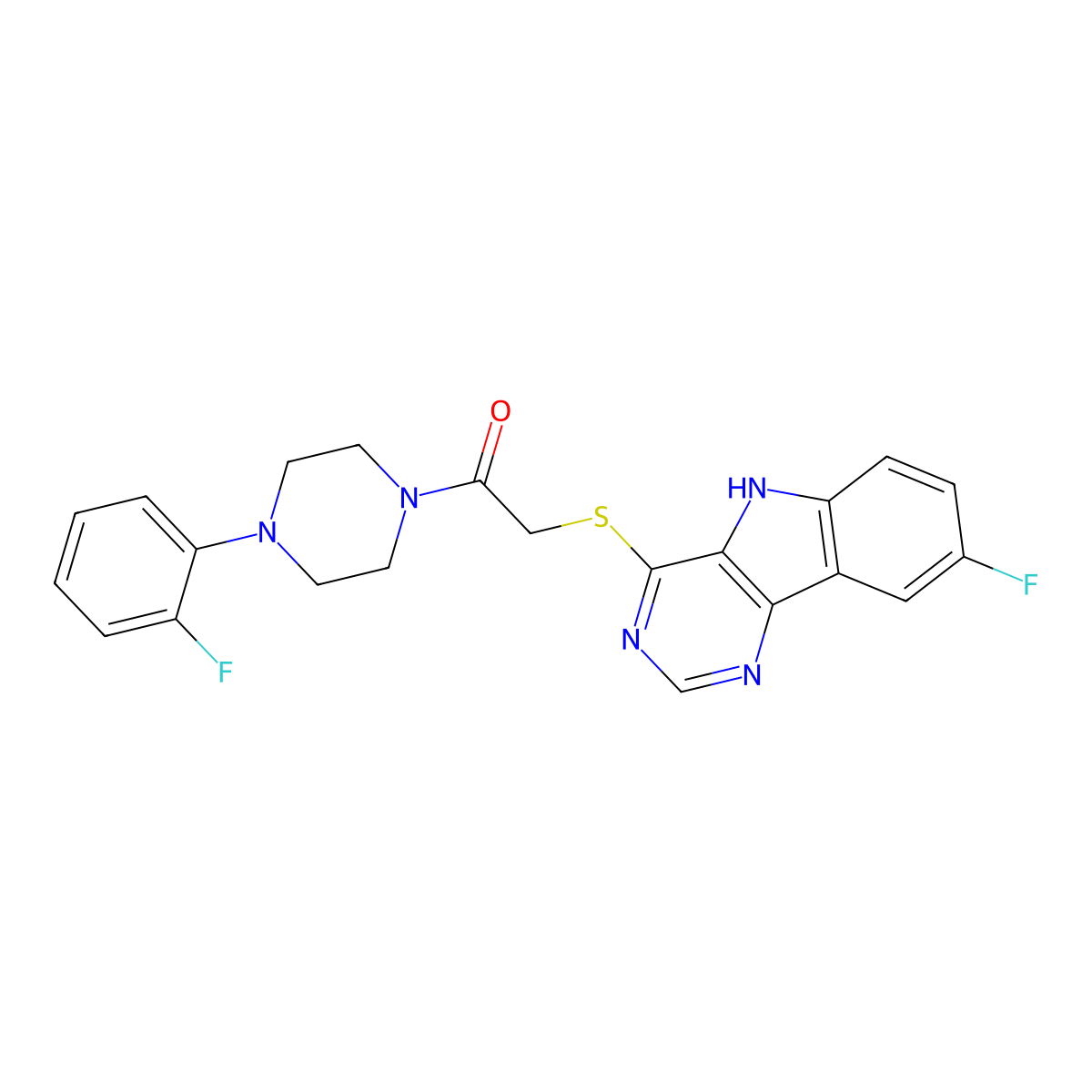2-((8-fluoro-5H-pyrimido[5,4-b]indol-4-yl)thio)-1-(4-(2-fluorophenyl)piperazin-1-yl)ethanone molecular structure, CAS 1115880-44-8