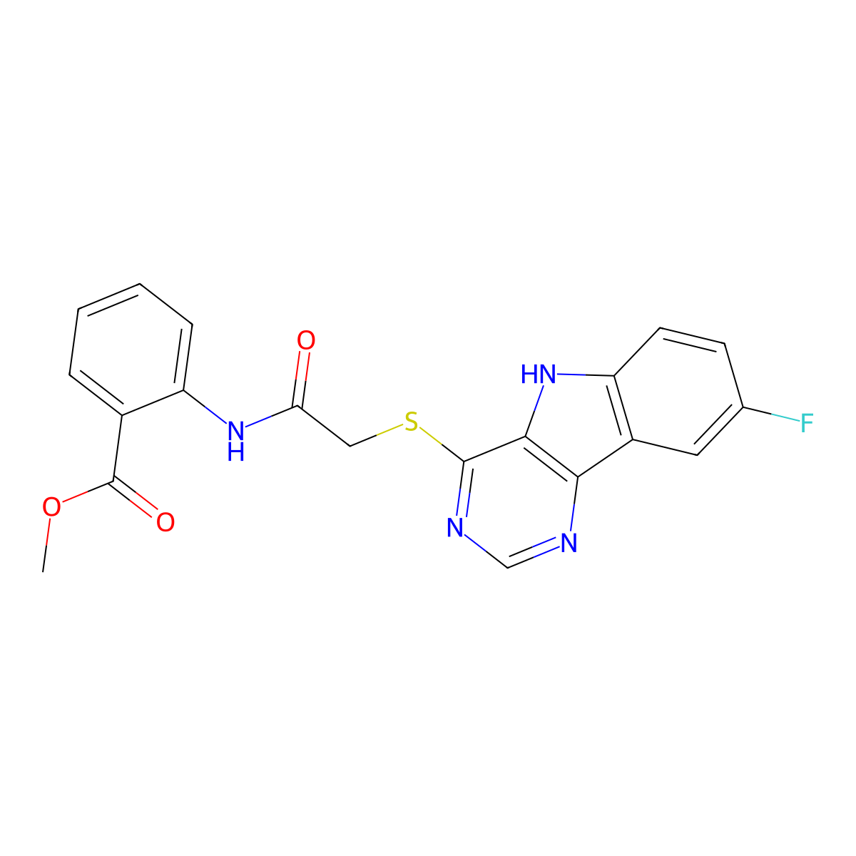 methyl 2-(2-((8-fluoro-5H-pyrimido[5,4-b]indol-4-yl)thio)acetamido)benzoate molecular structure, CAS 1115880-45-9