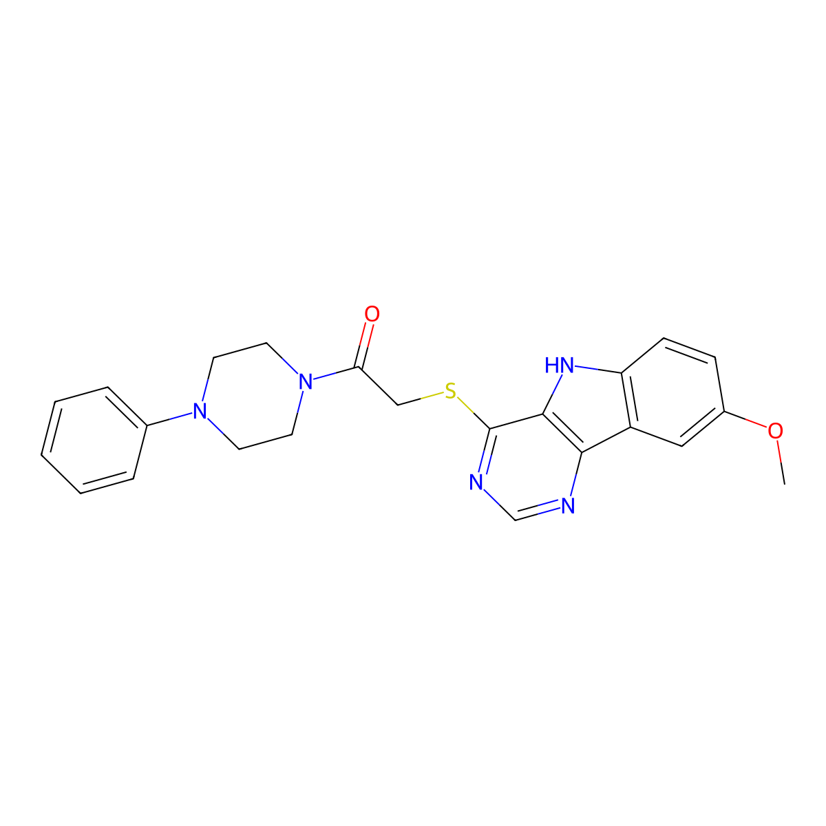 2-((8-methoxy-5H-pyrimido[5,4-b]indol-4-yl)thio)-1-(4-phenylpiperazin-1-yl)ethanone molecular structure, CAS 1115881-98-5