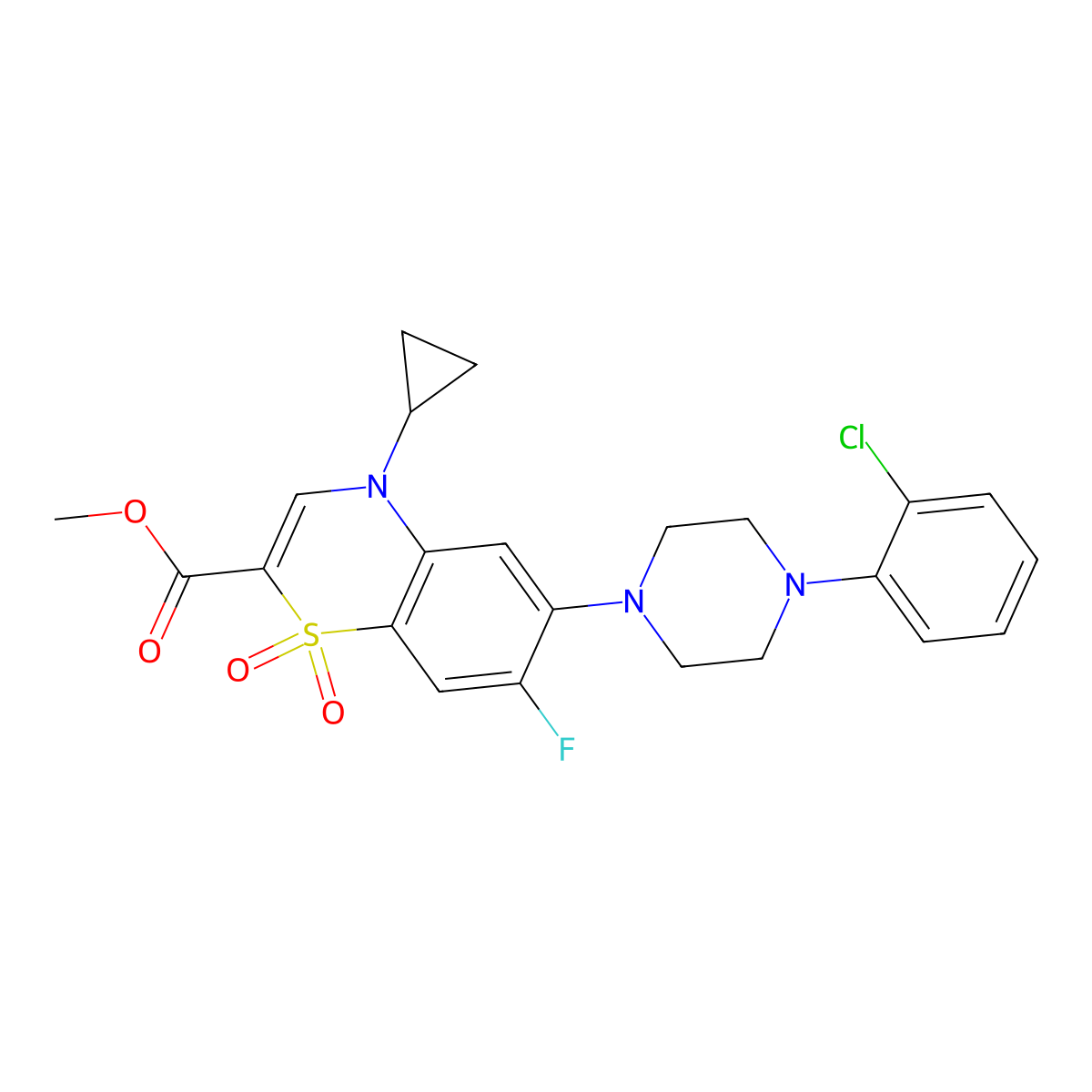 methyl 6-(4-(2-chlorophenyl)piperazin-1-yl)-4-cyclopropyl-7-fluoro-4H-benzo[b][1,4]thiazine-2-carboxylate 1,1-dioxide molecular structure, CAS 1115889-56-9