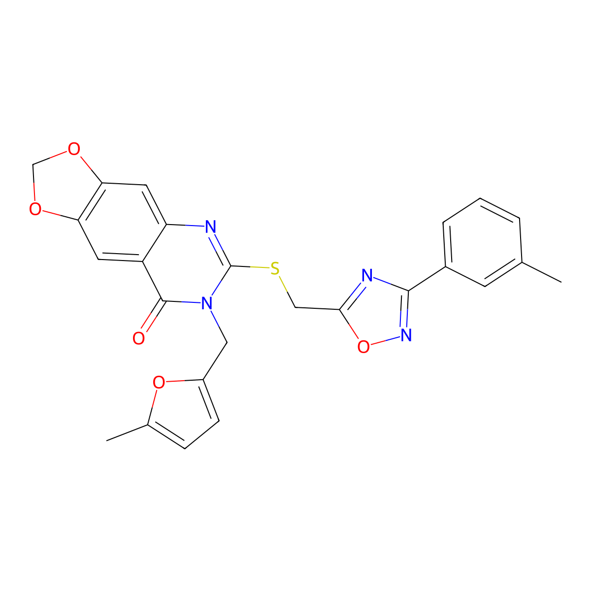 7-[(5-methylfuran-2-yl)methyl]-6-({[3-(3-methylphenyl)-1,2,4-oxadiazol-5-yl]methyl}sulfanyl)-2H,7H,8H-[1,3]dioxolo[4,5-g]quinazolin-8-one molecular structure, CAS 1115892-91-5