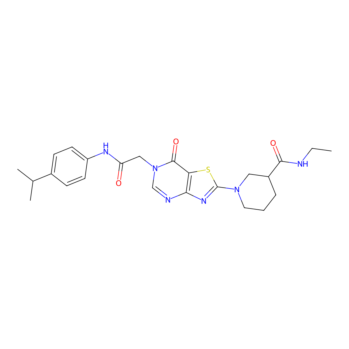 N-ethyl-1-(6-(2-((4-isopropylphenyl)amino)-2-oxoethyl)-7-oxo-6,7-dihydrothiazolo[4,5-d]pyrimidin-2-yl)piperidine-3-carboxamide molecular structure, CAS 1115899-38-1