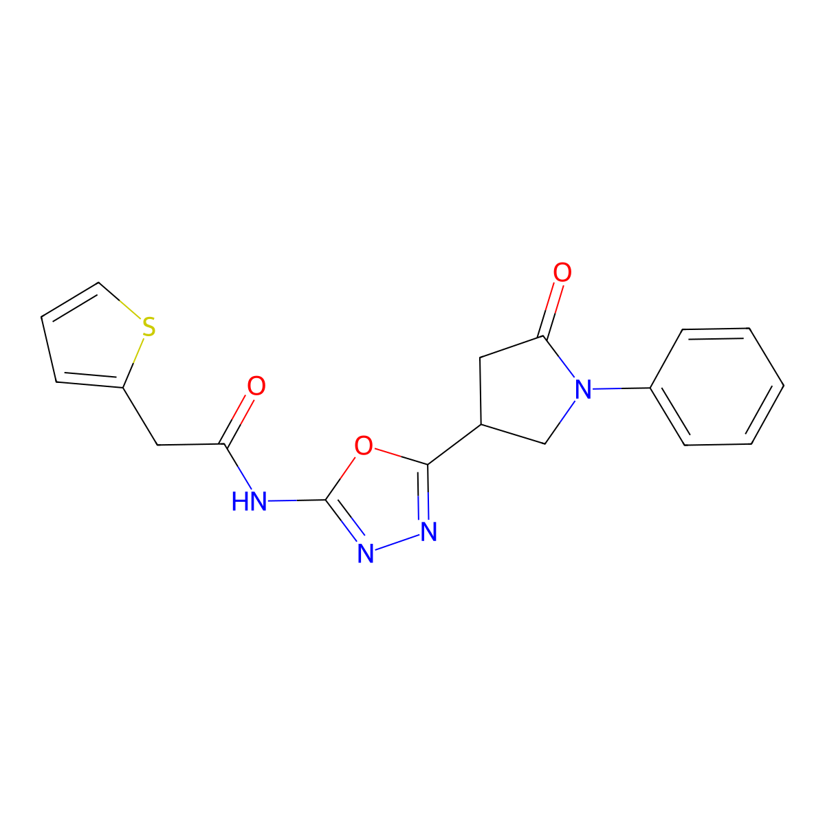N-[5-(5-oxo-1-phenylpyrrolidin-3-yl)-1,3,4-oxadiazol-2-yl]-2-(thiophen-2-yl)acetamide molecular structure, CAS 1115900-36-1