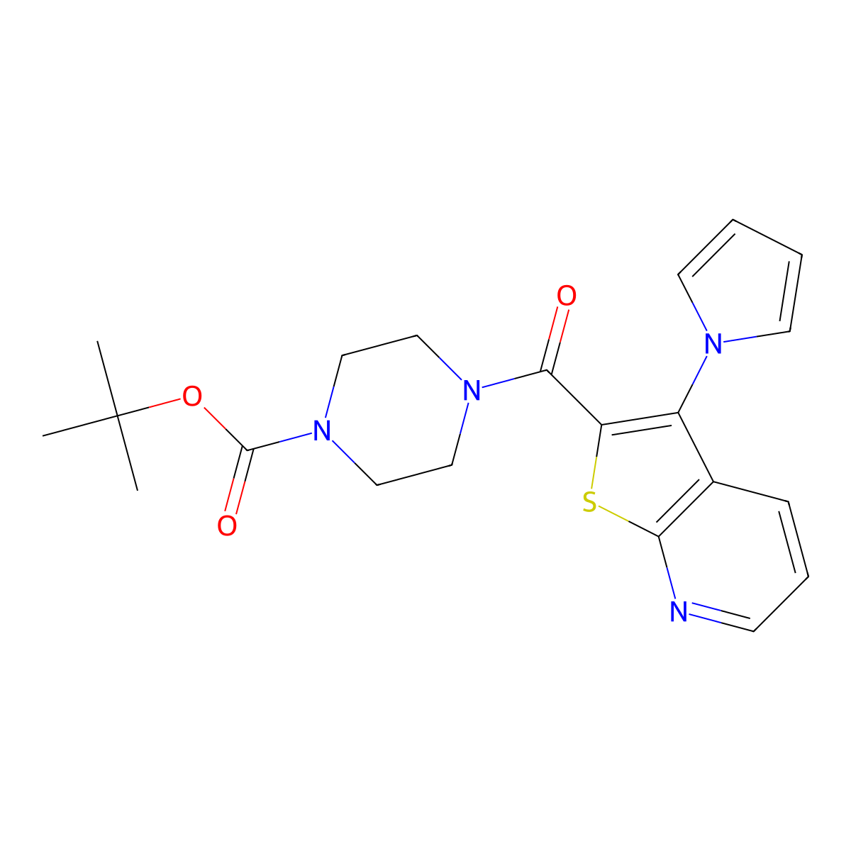 tert-butyl 4-[3-(1H-pyrrol-1-yl)thieno[2,3-b]pyridine-2-carbonyl]piperazine-1-carboxylate molecular structure, CAS 1115908-33-2