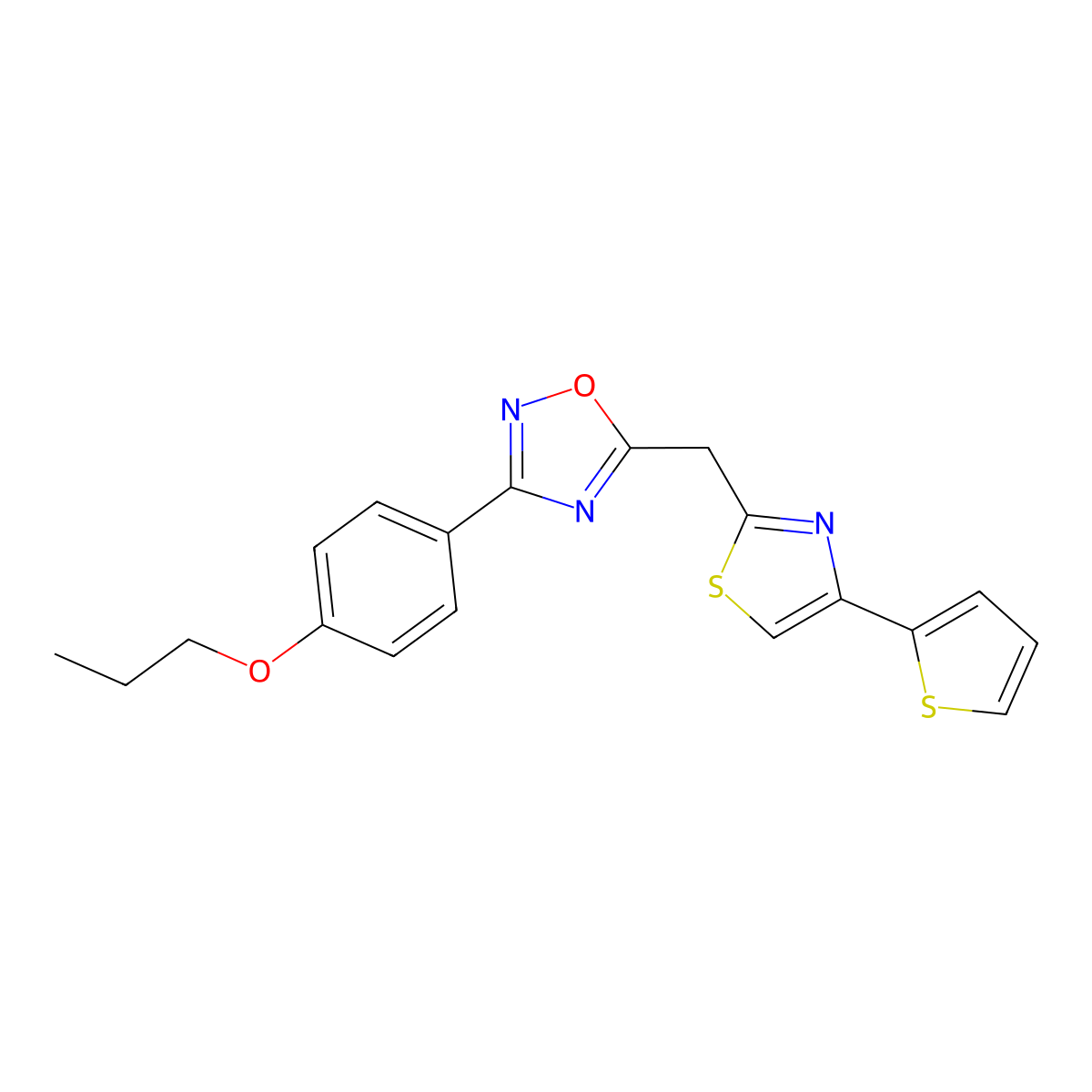 3-(4-Propoxyphenyl)-5-{[4-(thiophen-2-yl)-1,3-thiazol-2-yl]methyl}-1,2,4-oxadiazole molecular structure, CAS 1115908-45-6