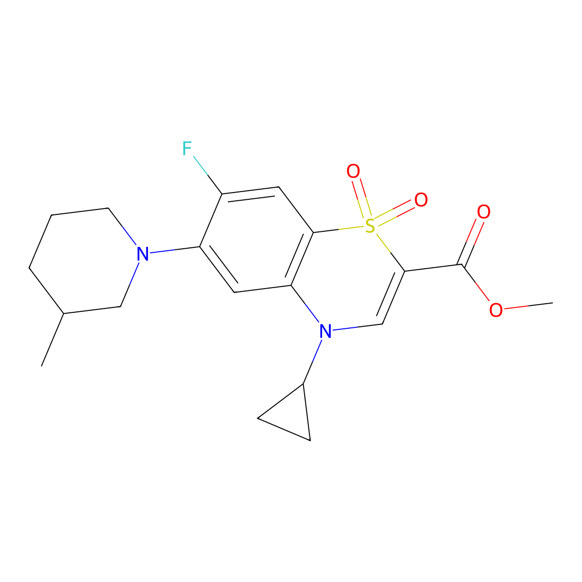 methyl 4-cyclopropyl-7-fluoro-6-(3-methylpiperidin-1-yl)-4H-benzo[b][1,4]thiazine-2-carboxylate 1,1-dioxide molecular structure, CAS 1115924-77-0