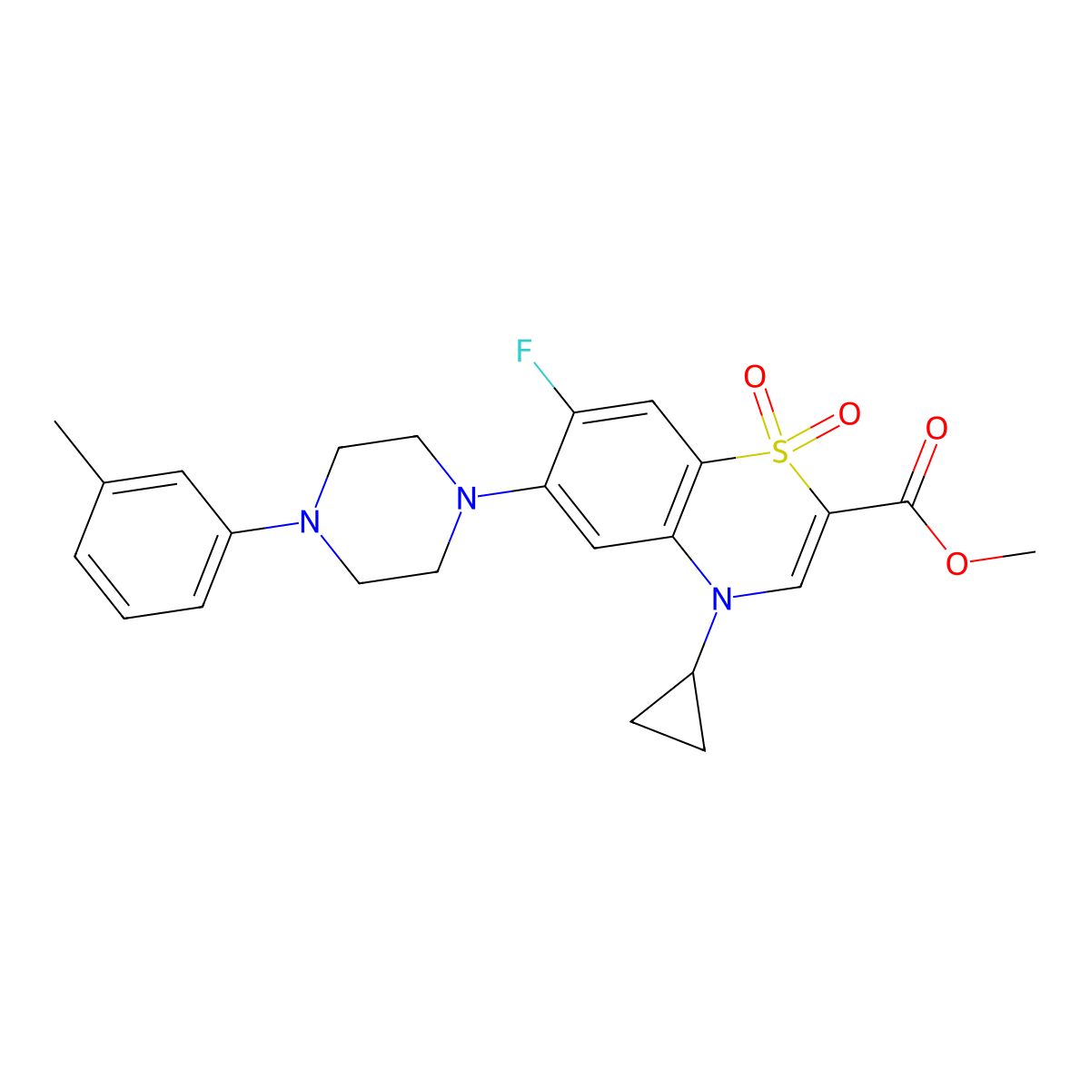 methyl 4-cyclopropyl-7-fluoro-6-(4-(m-tolyl)piperazin-1-yl)-4H-benzo[b][1,4]thiazine-2-carboxylate 1,1-dioxide molecular structure, CAS 1115924-79-2