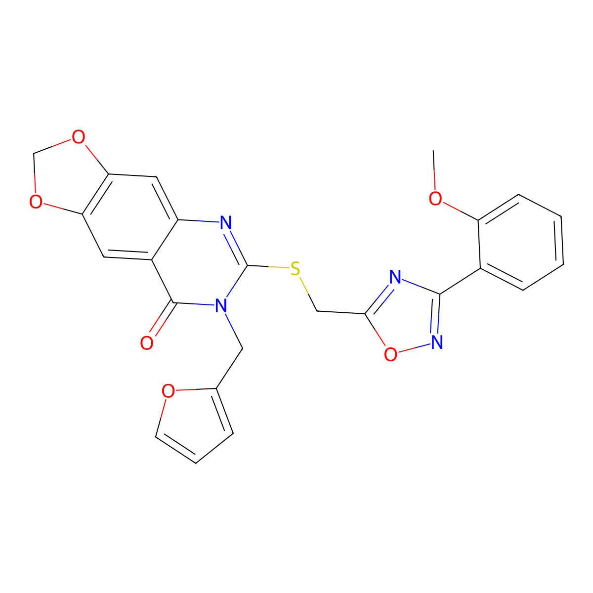 7-[(furan-2-yl)methyl]-6-({[3-(2-methoxyphenyl)-1,2,4-oxadiazol-5-yl]methyl}sulfanyl)-2H,7H,8H-[1,3]dioxolo[4,5-g]quinazolin-8-one molecular structure, CAS 1115926-86-7