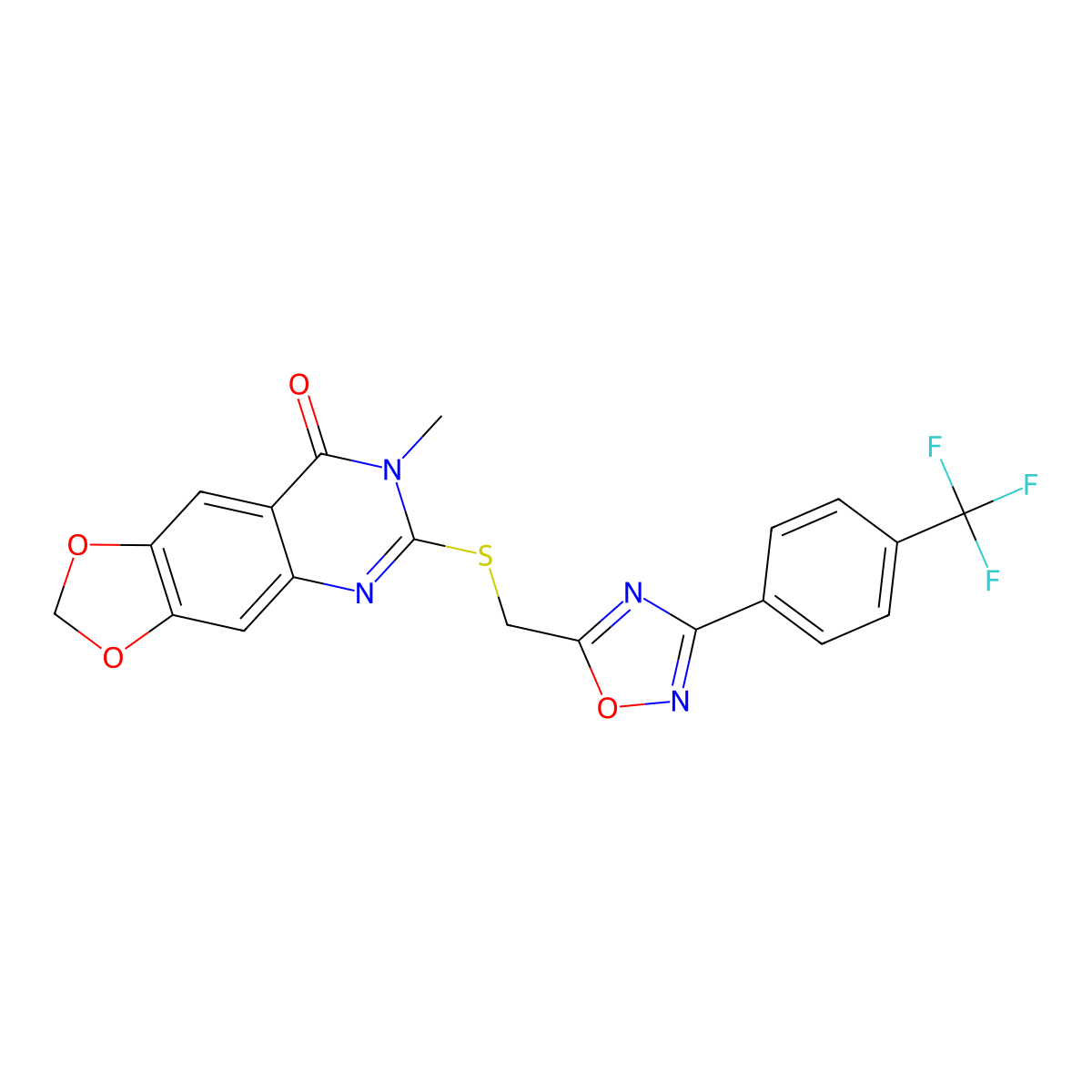 7-methyl-6-(((3-(4-(trifluoromethyl)phenyl)-1,2,4-oxadiazol-5-yl)methyl)thio)-[1,3]dioxolo[4,5-g]quinazolin-8(7H)-one molecular structure, CAS 1115926-94-7