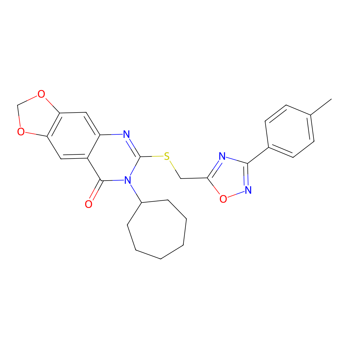 7-cycloheptyl-6-(((3-(p-tolyl)-1,2,4-oxadiazol-5-yl)methyl)thio)-[1,3]dioxolo[4,5-g]quinazolin-8(7H)-one molecular structure, CAS 1115927-15-5
