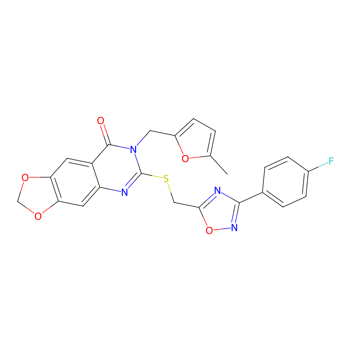 6-(((3-(4-fluorophenyl)-1,2,4-oxadiazol-5-yl)methyl)thio)-7-((5-methylfuran-2-yl)methyl)-[1,3]dioxolo[4,5-g]quinazolin-8(7H)-one molecular structure, CAS 1115927-20-2