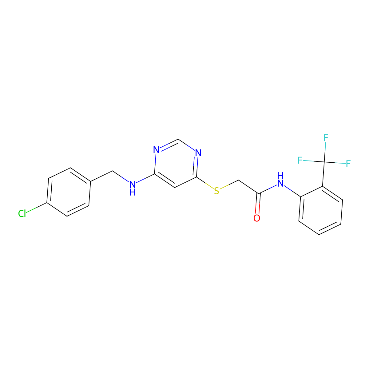 2-({6-[(4-chlorobenzyl)amino]pyrimidin-4-yl}sulfanyl)-N-[2-(trifluoromethyl)phenyl]acetamide molecular structure, CAS 1115929-65-1