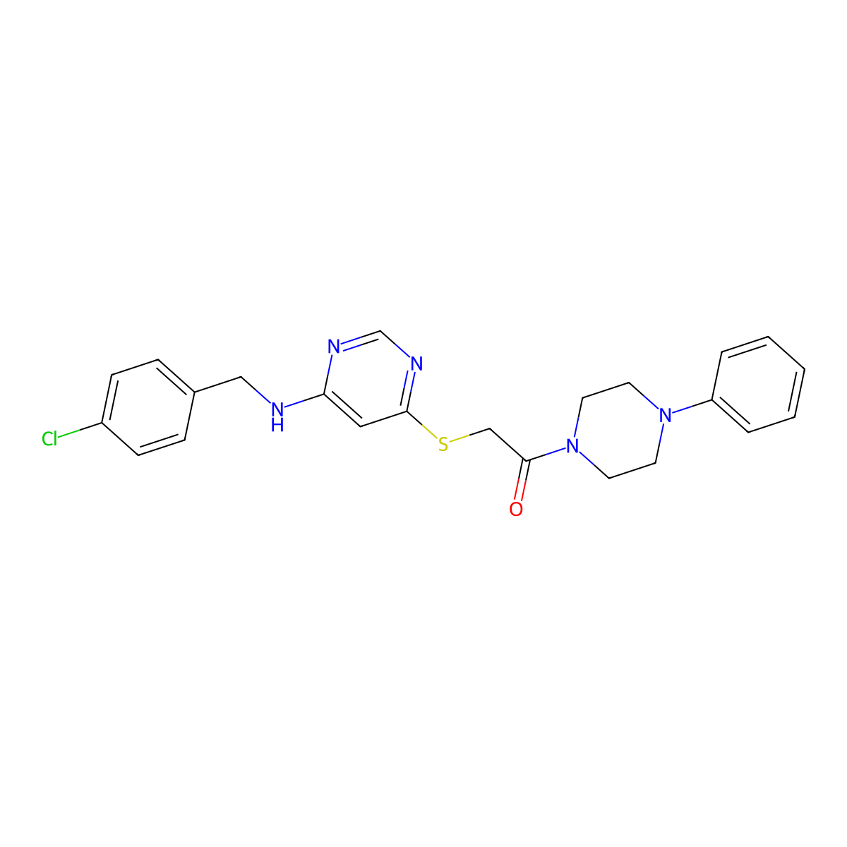 2-((6-((4-Chlorobenzyl)amino)pyrimidin-4-yl)thio)-1-(4-phenylpiperazin-1-yl)ethanone molecular structure, CAS 1115929-70-8