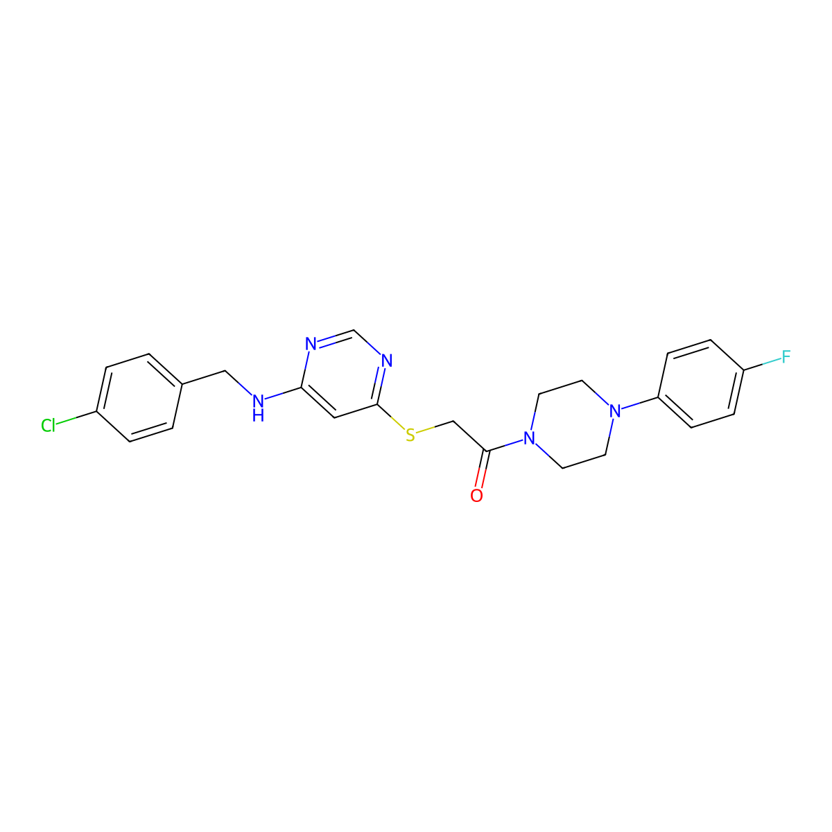 2-((6-((4-Chlorobenzyl)amino)pyrimidin-4-yl)thio)-1-(4-(4-fluorophenyl)piperazin-1-yl)ethanone molecular structure, CAS 1115929-71-9