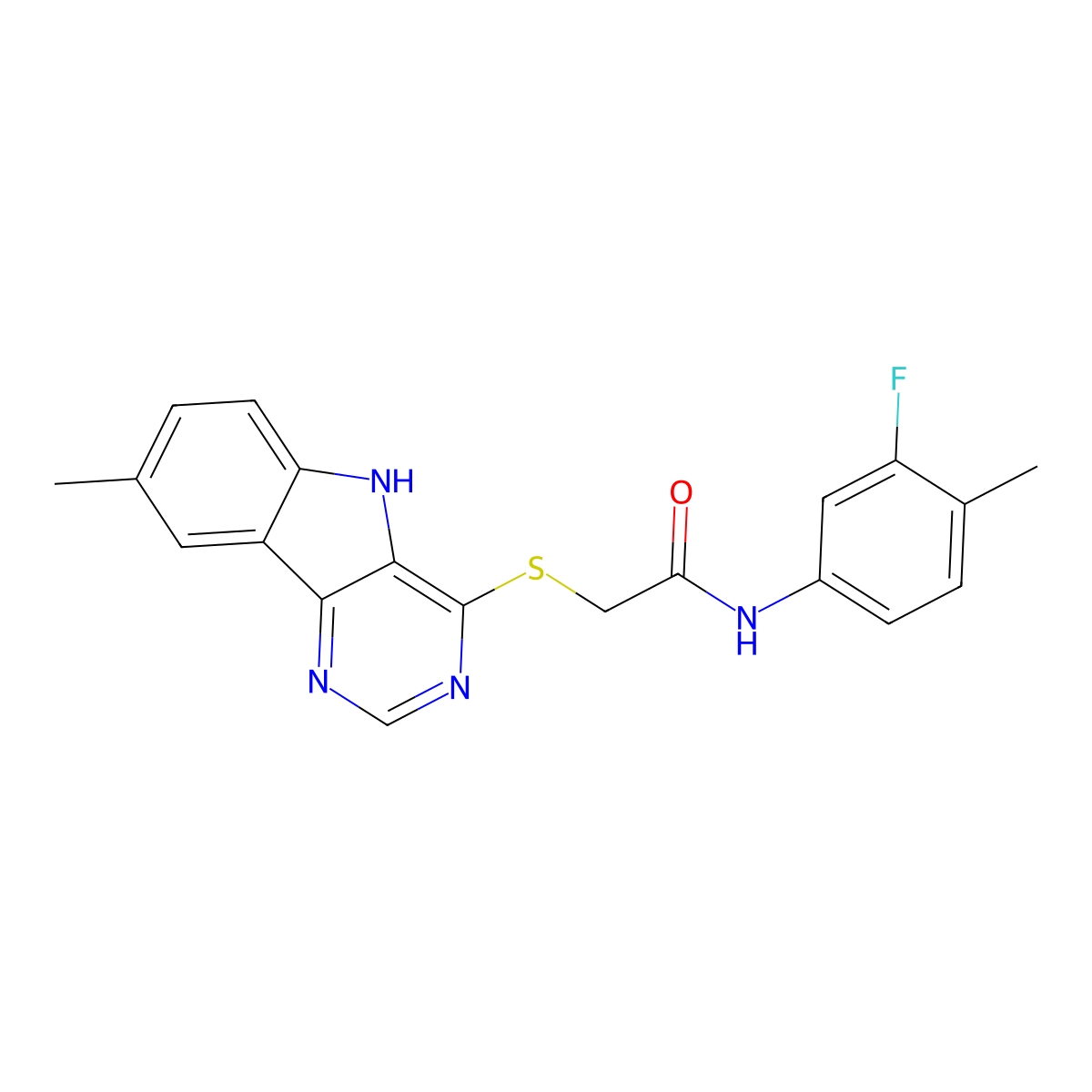 N-(3-Fluoro-4-methylphenyl)-2-((8-methyl-5H-pyrimido[5,4-b]indol-4-yl)thio)acetamide molecular structure, CAS 1115940-88-9