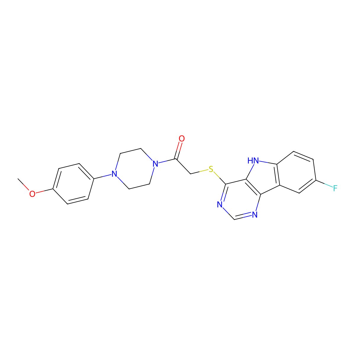 2-((8-fluoro-5H-pyrimido[5,4-b]indol-4-yl)thio)-1-(4-(4-methoxyphenyl)piperazin-1-yl)ethanone molecular structure, CAS 1115941-14-4