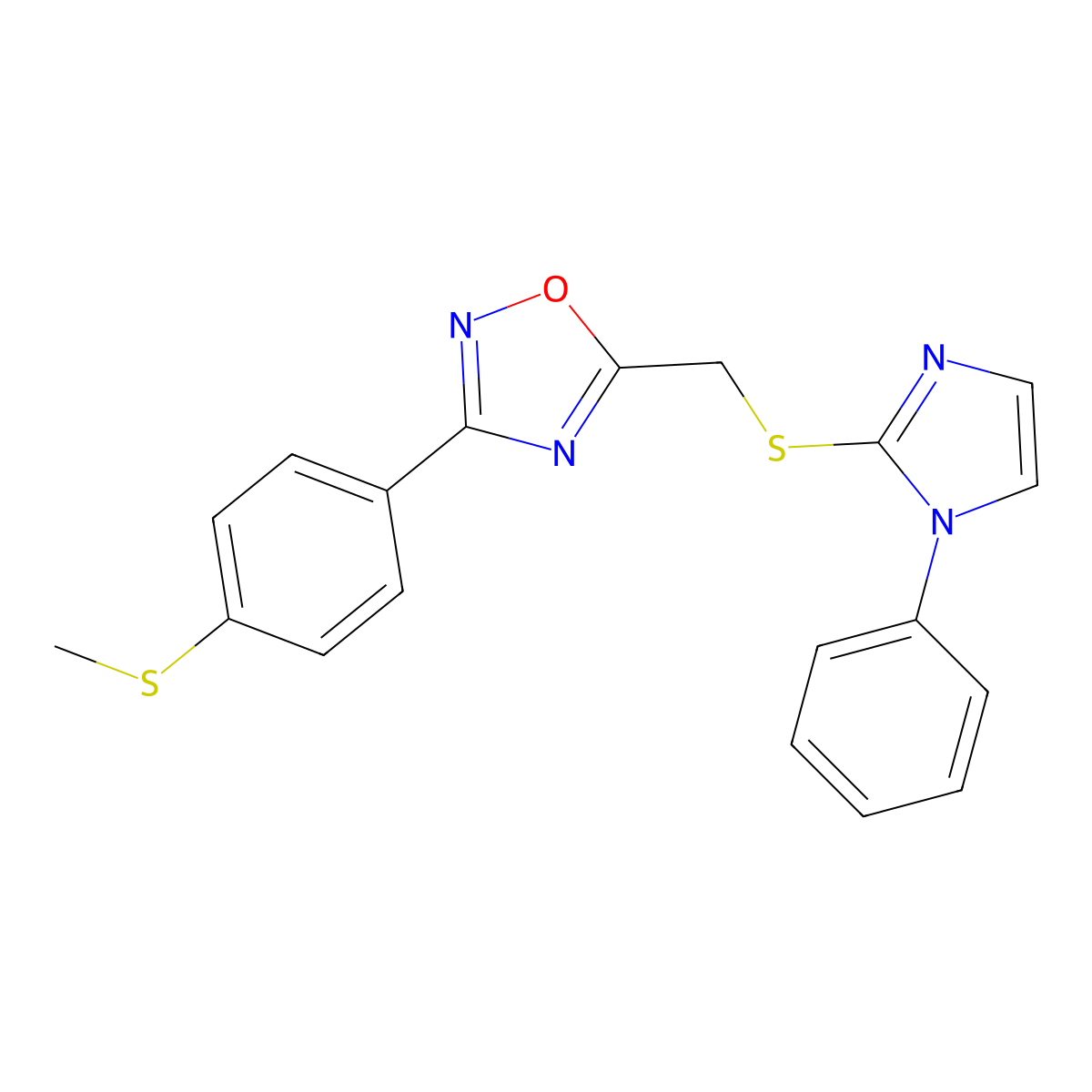 3-[4-(methylsulfanyl)phenyl]-5-{[(1-phenyl-1H-imidazol-2-yl)sulfanyl]methyl}-1,2,4-oxadiazole molecular structure, CAS 1115958-76-3