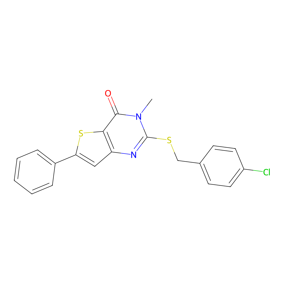 2-((4-chlorobenzyl)thio)-3-methyl-6-phenylthieno[3,2-d]pyrimidin-4(3H)-one molecular structure, CAS 1115958-80-9