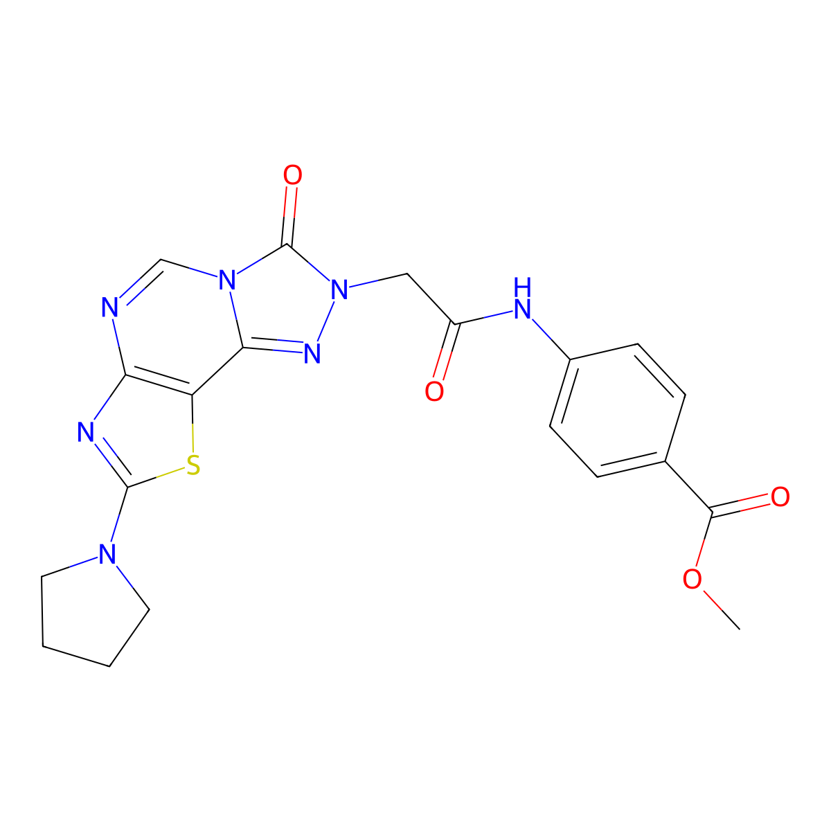 Methyl 4-{2-[5-oxo-11-(pyrrolidin-1-yl)-12-thia-3,4,6,8,10-pentaazatricyclo[7.3.0.0^{2,6}]dodeca-1(9),2,7,10-tetraen-4-yl]acetamido}benzoate molecular structure, CAS 1115960-21-8