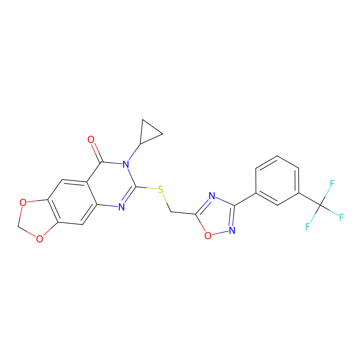 7-cyclopropyl-6-[({3-[3-(trifluoromethyl)phenyl]-1,2,4-oxadiazol-5-yl}methyl)sulfanyl]-2H,7H,8H-[1,3]dioxolo[4,5-g]quinazolin-8-one molecular structure, CAS 1115970-67-6