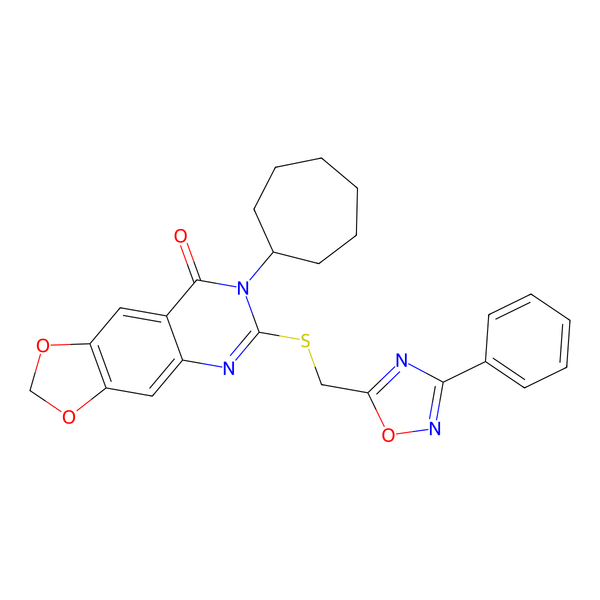 7-cycloheptyl-6-{[(3-phenyl-1,2,4-oxadiazol-5-yl)methyl]sulfanyl}-2H,7H,8H-[1,3]dioxolo[4,5-g]quinazolin-8-one molecular structure, CAS 1115970-75-6